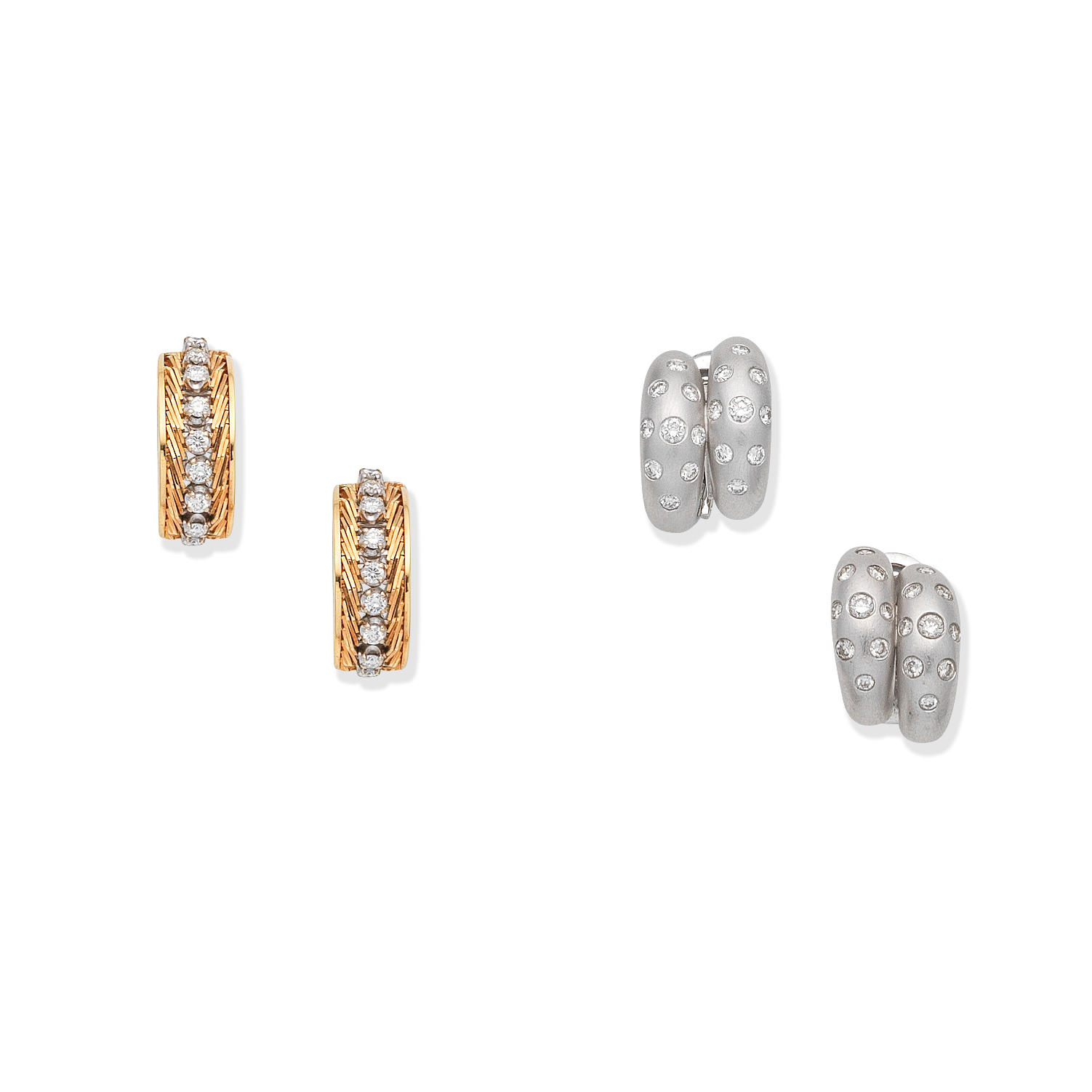 Appraisal: DIAMOND HALF HOOP EARRINGS AND DIAMOND DOUBLE HALF HOOP EARRINGS