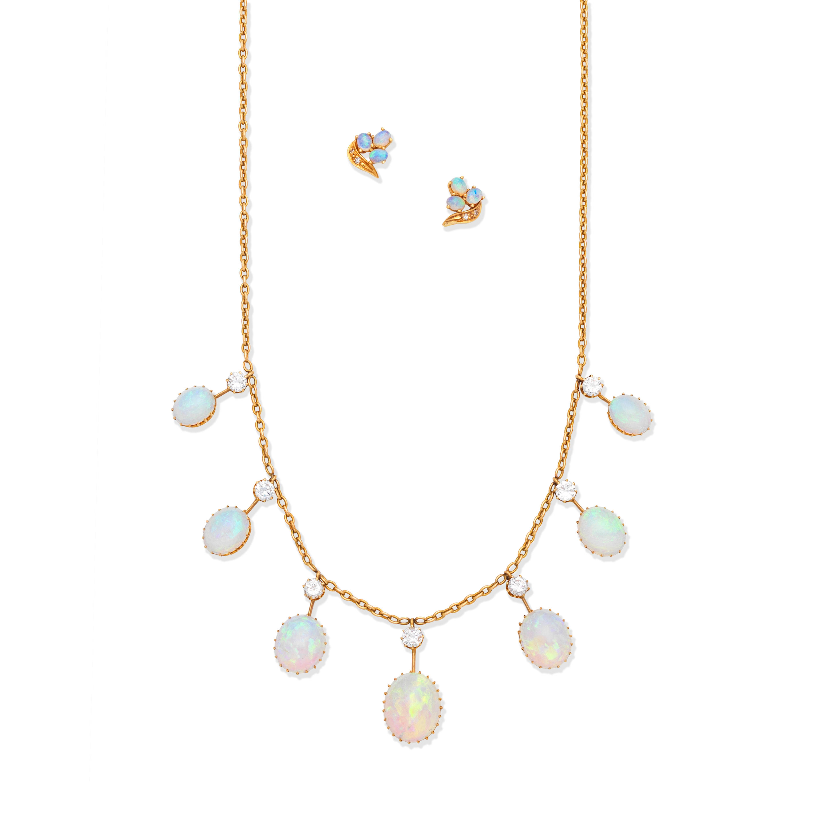 Appraisal: OPAL AND DIAMOND FRINGE NECKLACE CIRCA AND EARRINGS st The