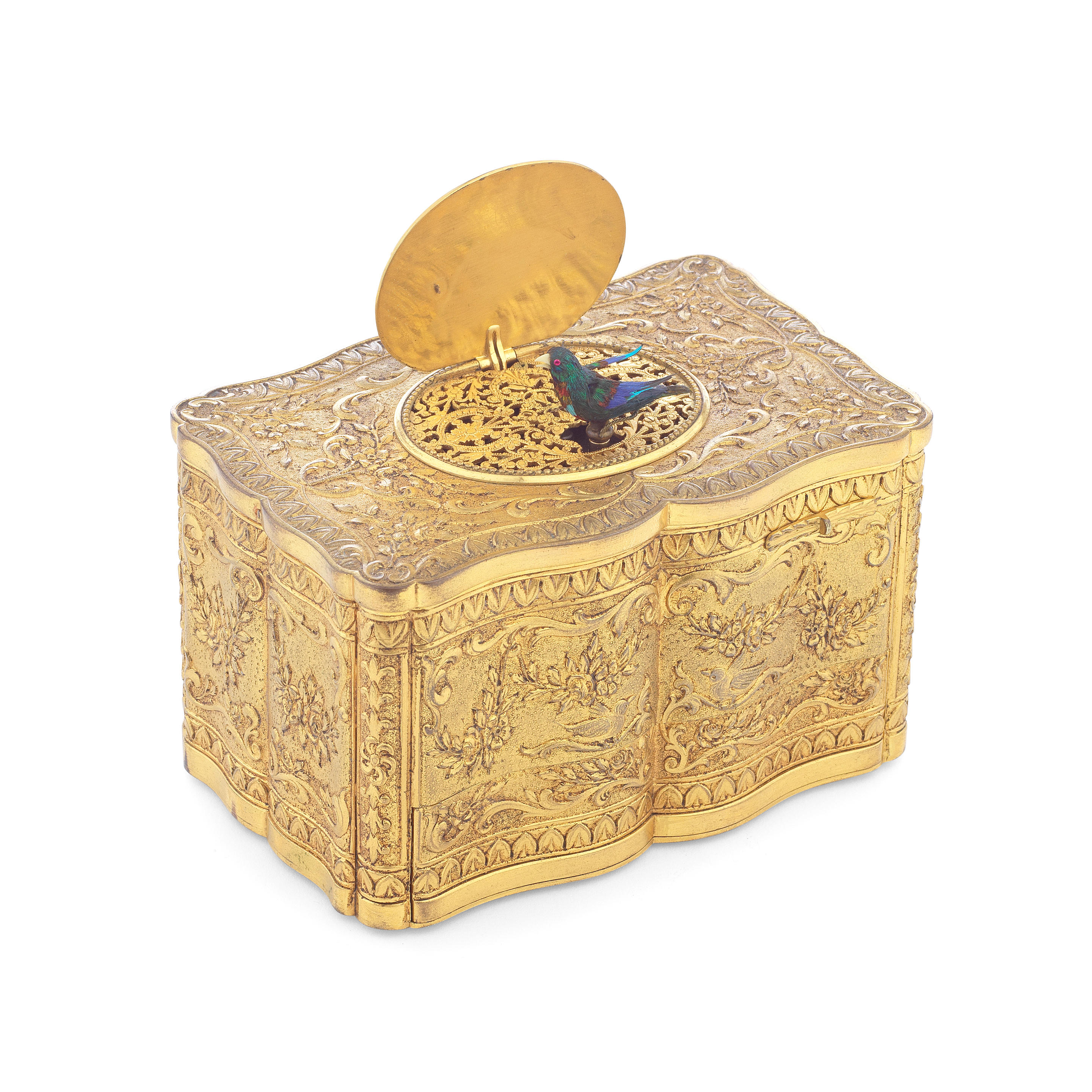 Appraisal: A FRENCH GILT-METAL SINGING-BIRD CIGARETTE BOX probably by Bontemps circa