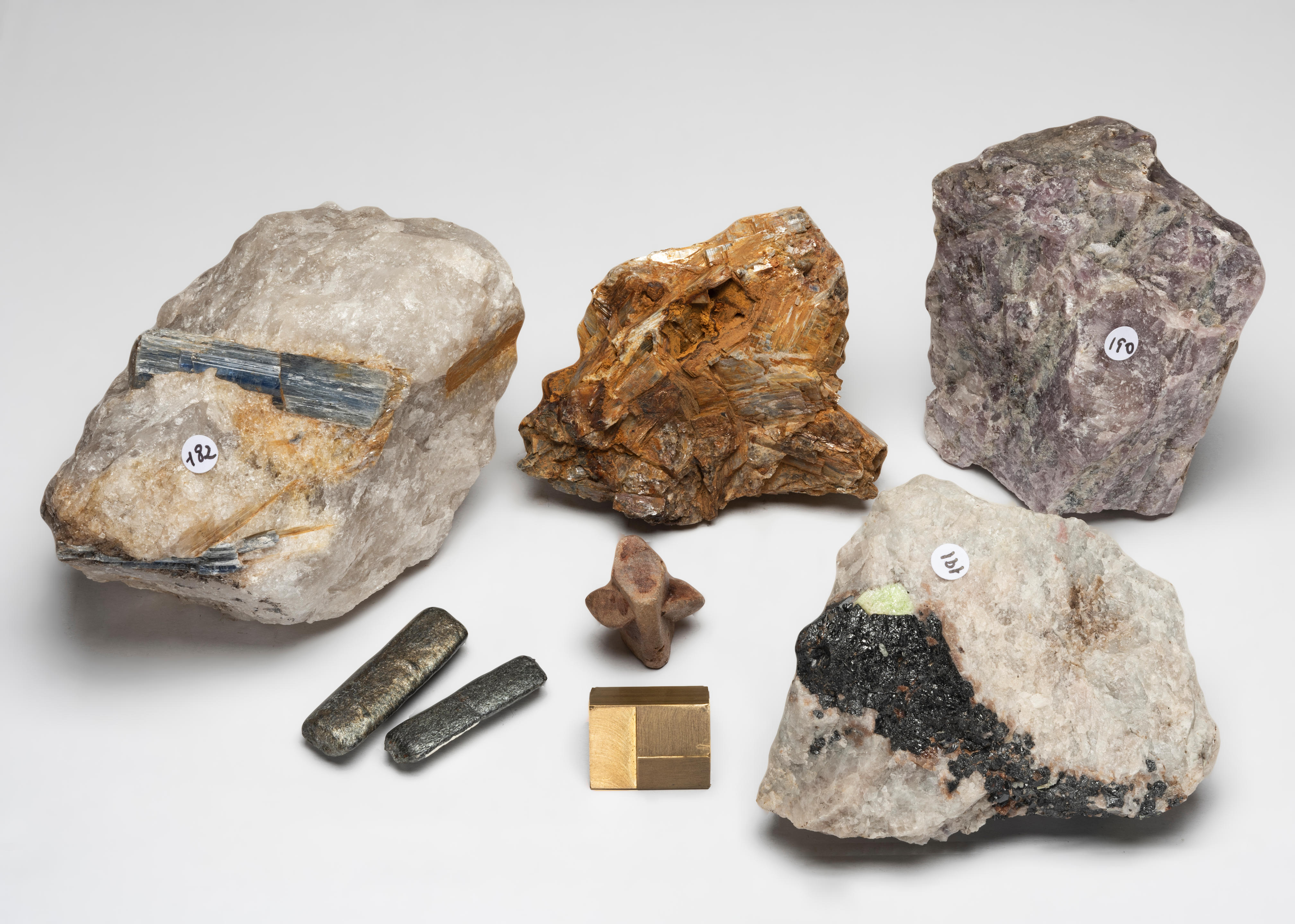 Appraisal: SEVEN SPECIMENS TWO KYANITES STAUROLITE TWO STAUROLITES WITH CHLORITE WERNERITE