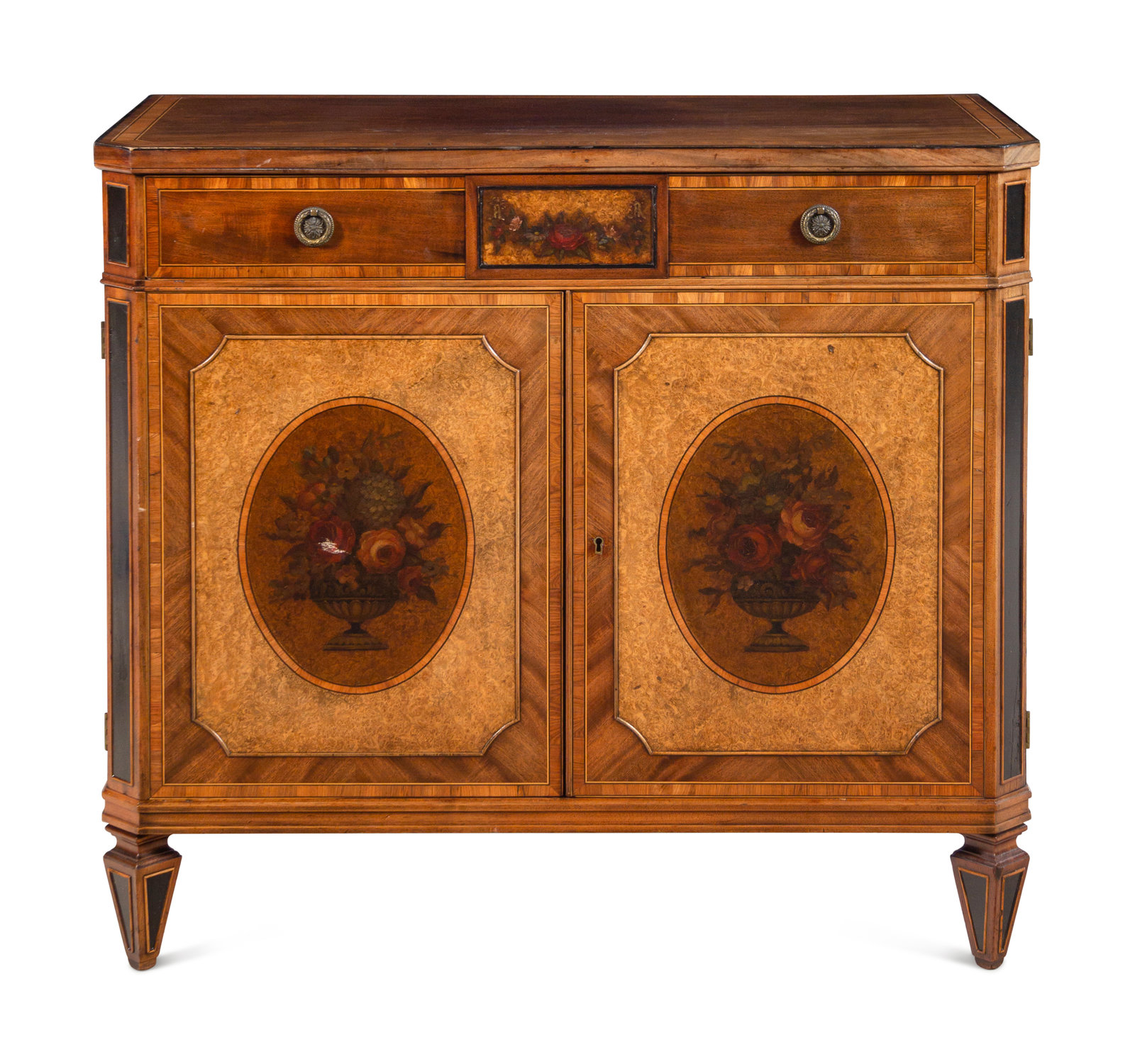 Appraisal: An English Painted Burr Yew Wood Satinwood and Mahogany Console