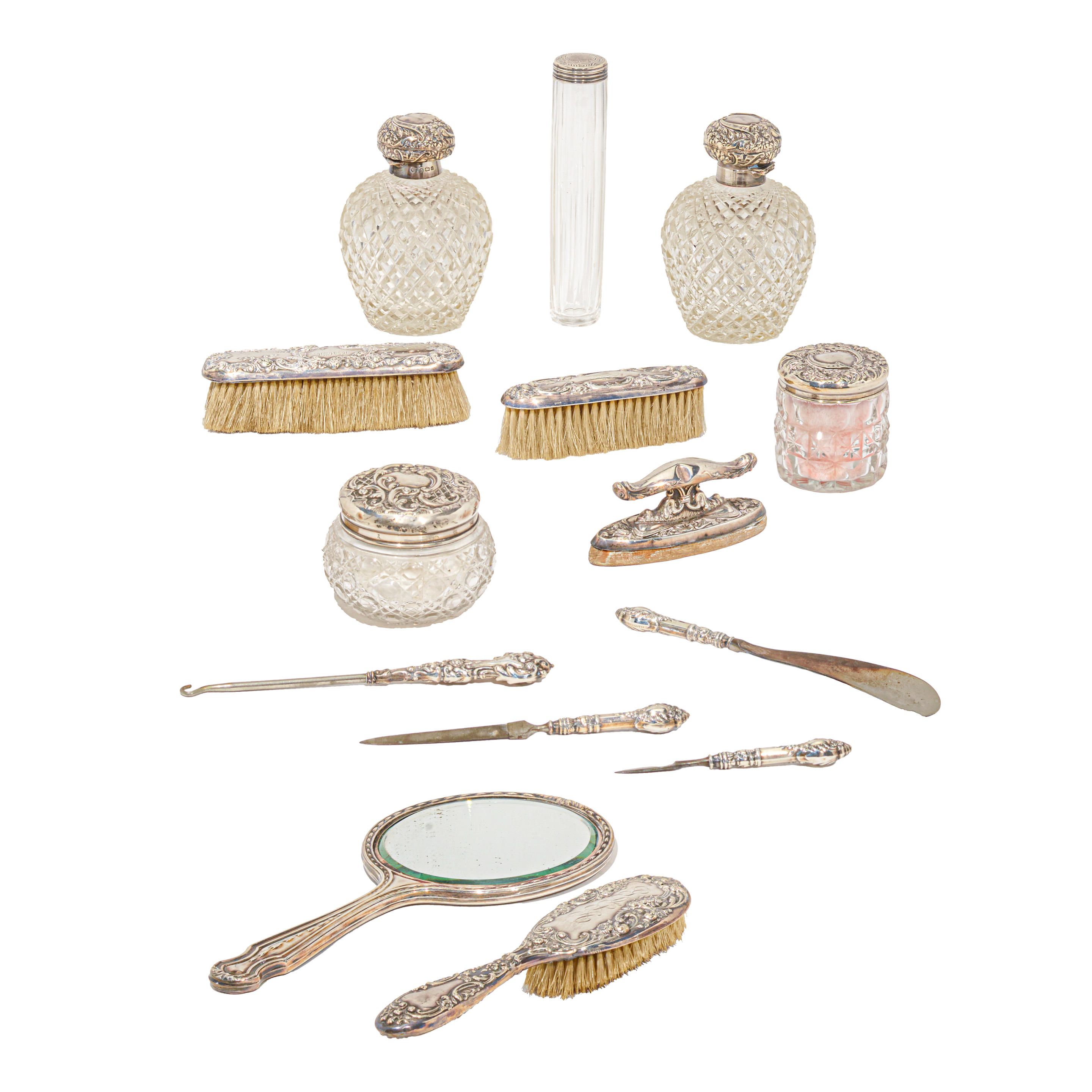 Appraisal: AN ASSEMBLED AMERICAN AND ENGLISH STERLING SILVER VANITY SET by