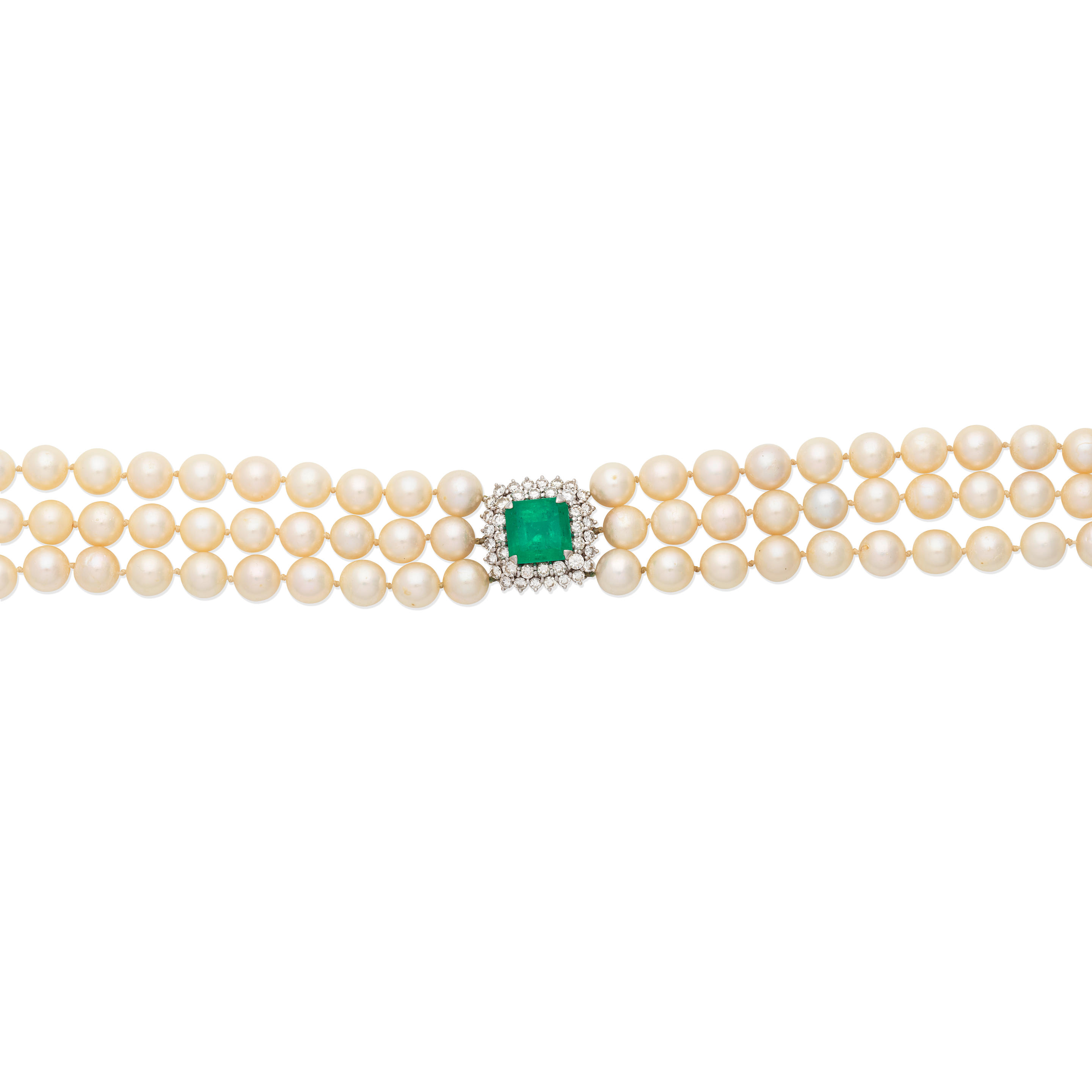 Appraisal: EMERALD DIAMOND AND CULTURED PEARL CHOKER NECKLACE Three rows of