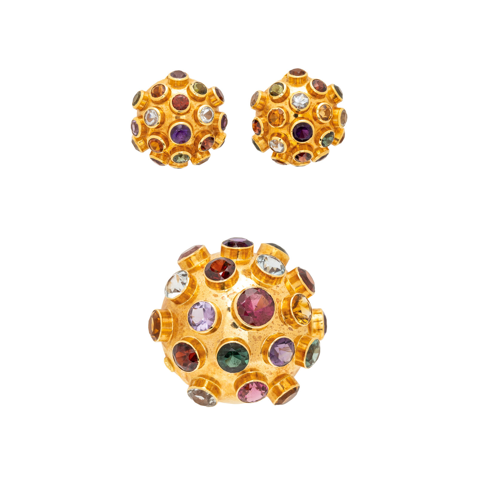 Appraisal: YELLOW GOLD AND MULTIGEM 'SPUTNIK' DEMI PARURE Consisting of a