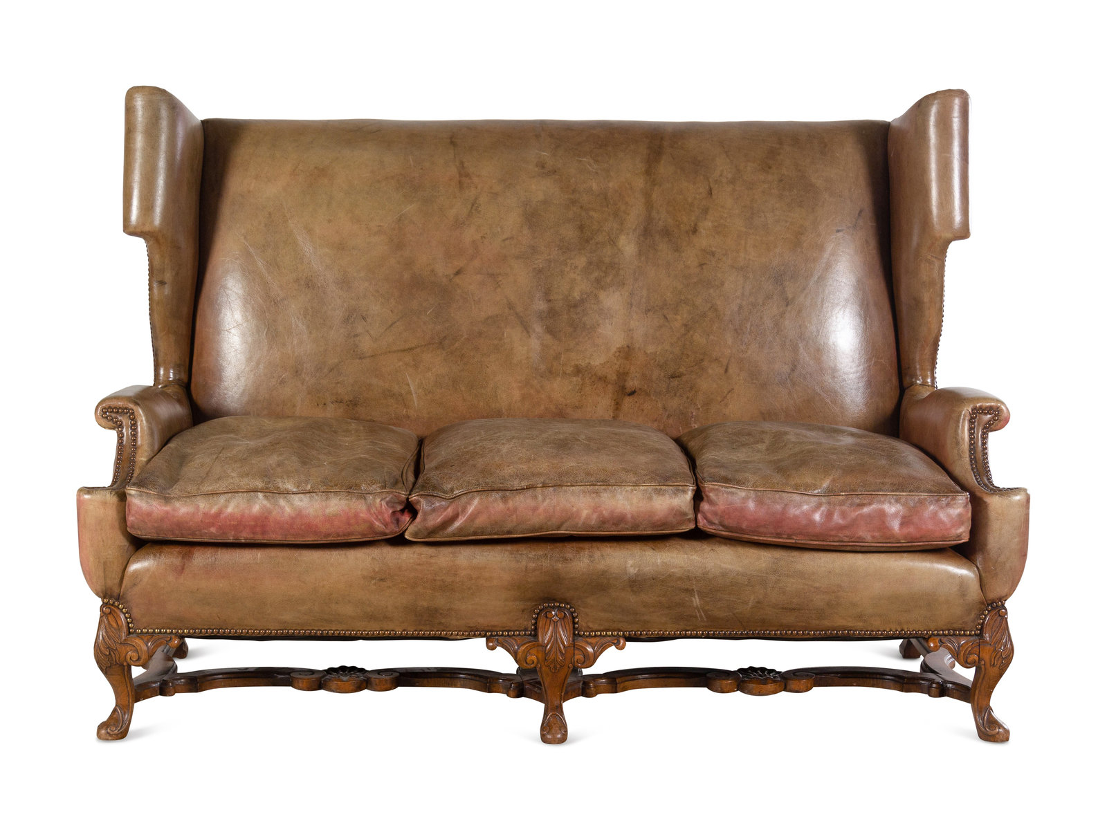 Appraisal: An English Leather-Upholstered Wingback Sofa th Century Height x width