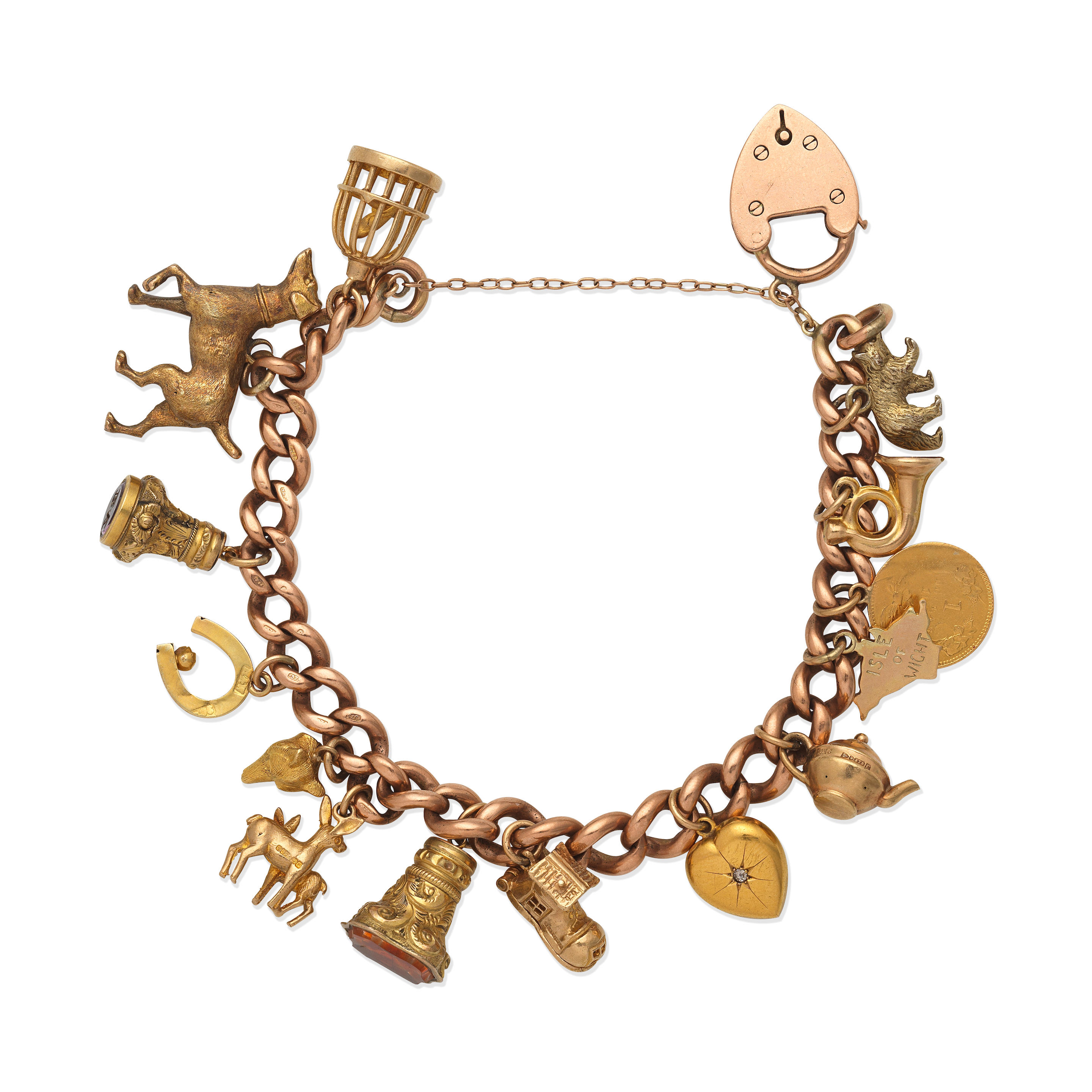 Appraisal: CHARM BRACELET The carat gold curb-link bracelet suspending fourteen charms