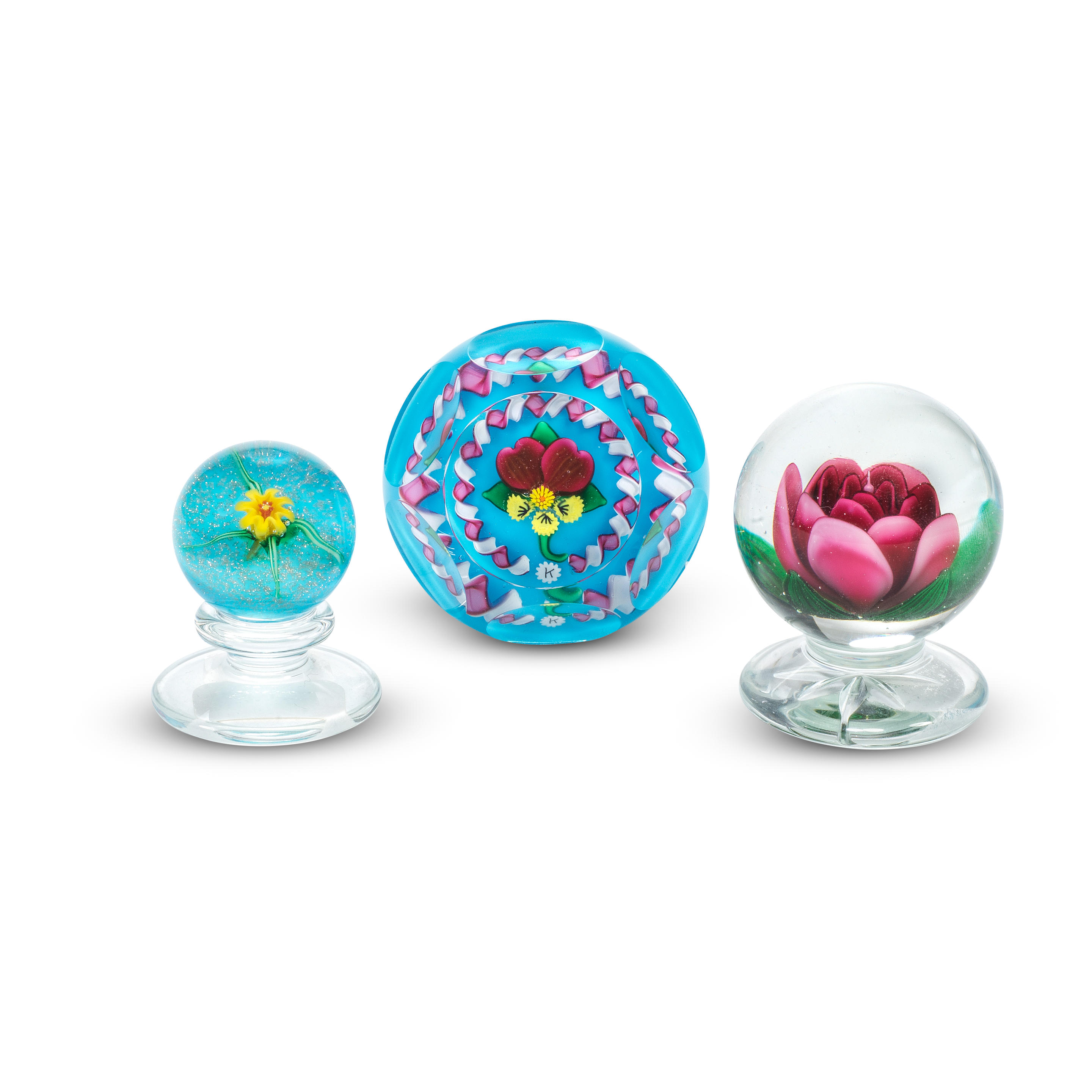 Appraisal: THREE CHARLES KAZIUN JR FLOWER PAPERWEIGHTS CIRCA - Comprising a