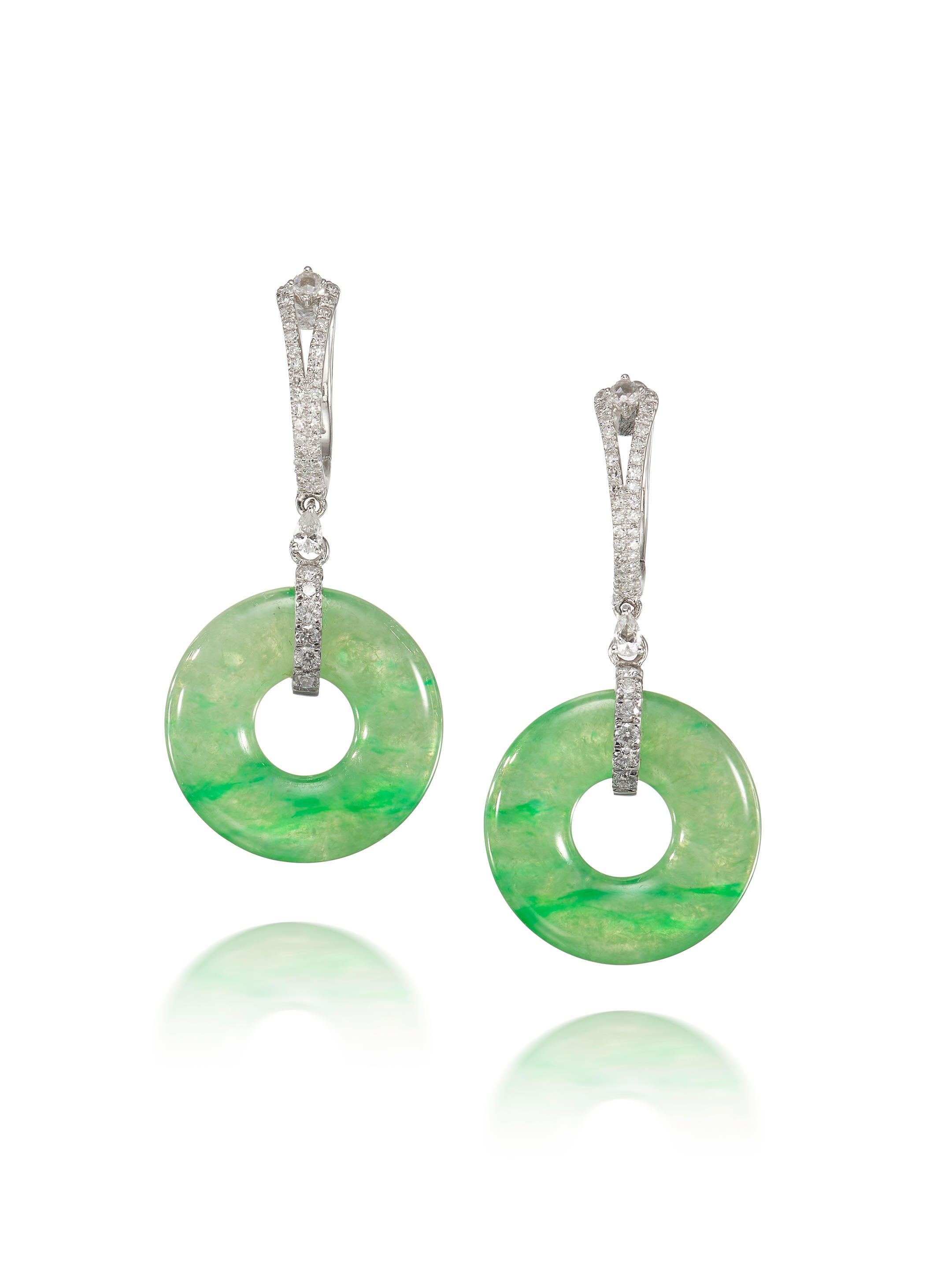 Appraisal: PAIR OF JADEITE 'HOOP' AND DIAMOND EARRINGS Each suspending a