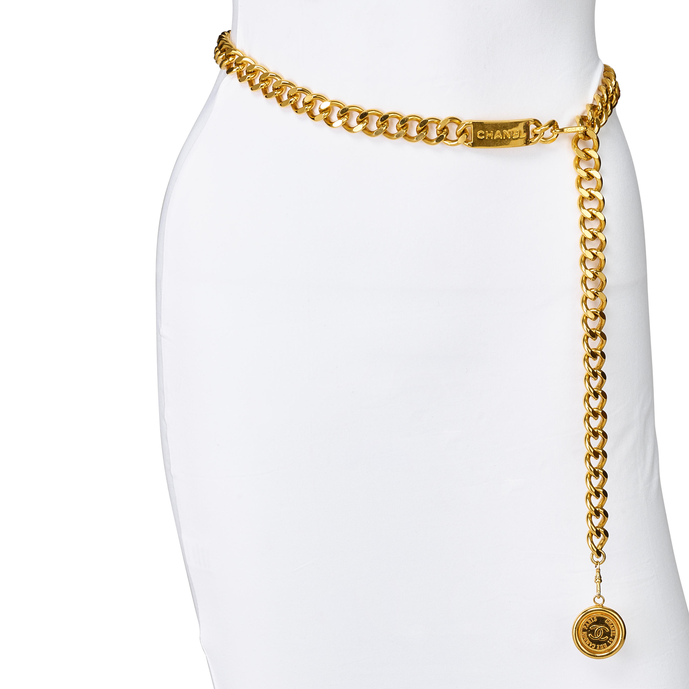 Appraisal: CHANEL GOLD CC MEDALLION ADJUSTABLE CHAIN BELT Gold Plated Chain