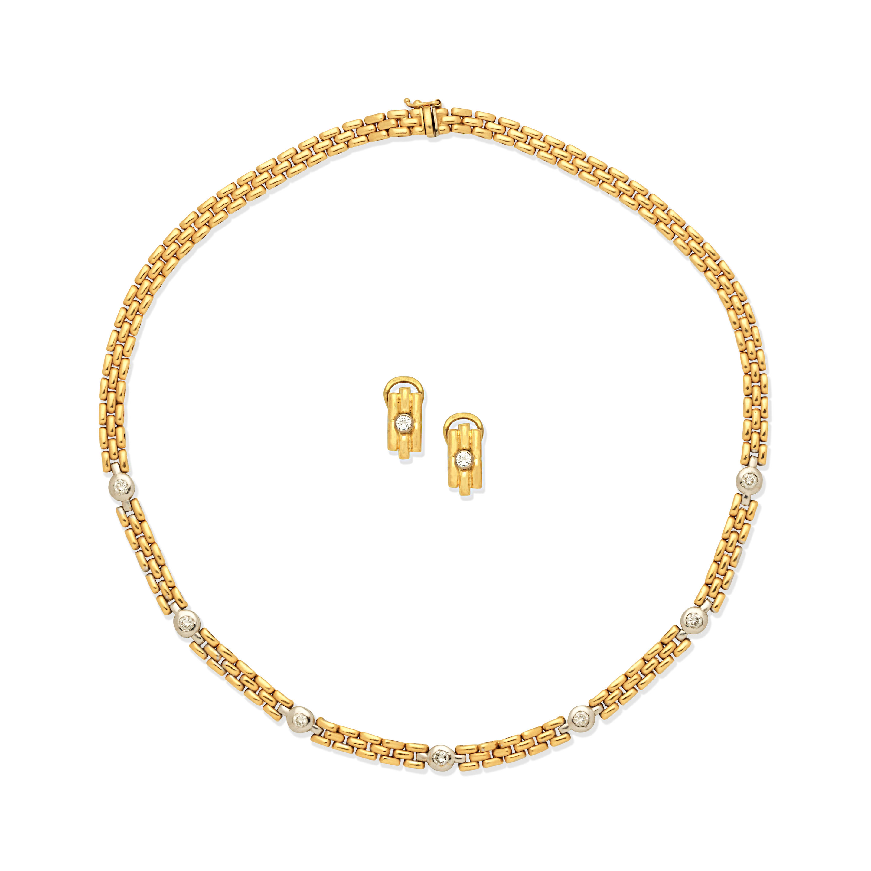 Appraisal: DIAMOND-SET NECKLACE AND EARCLIP SUITE The bicoloured carat gold brick-link