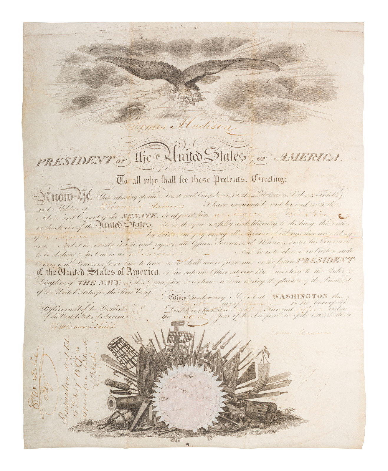 Appraisal: MADISON James - Partly-printed appointment signed James Madison as President