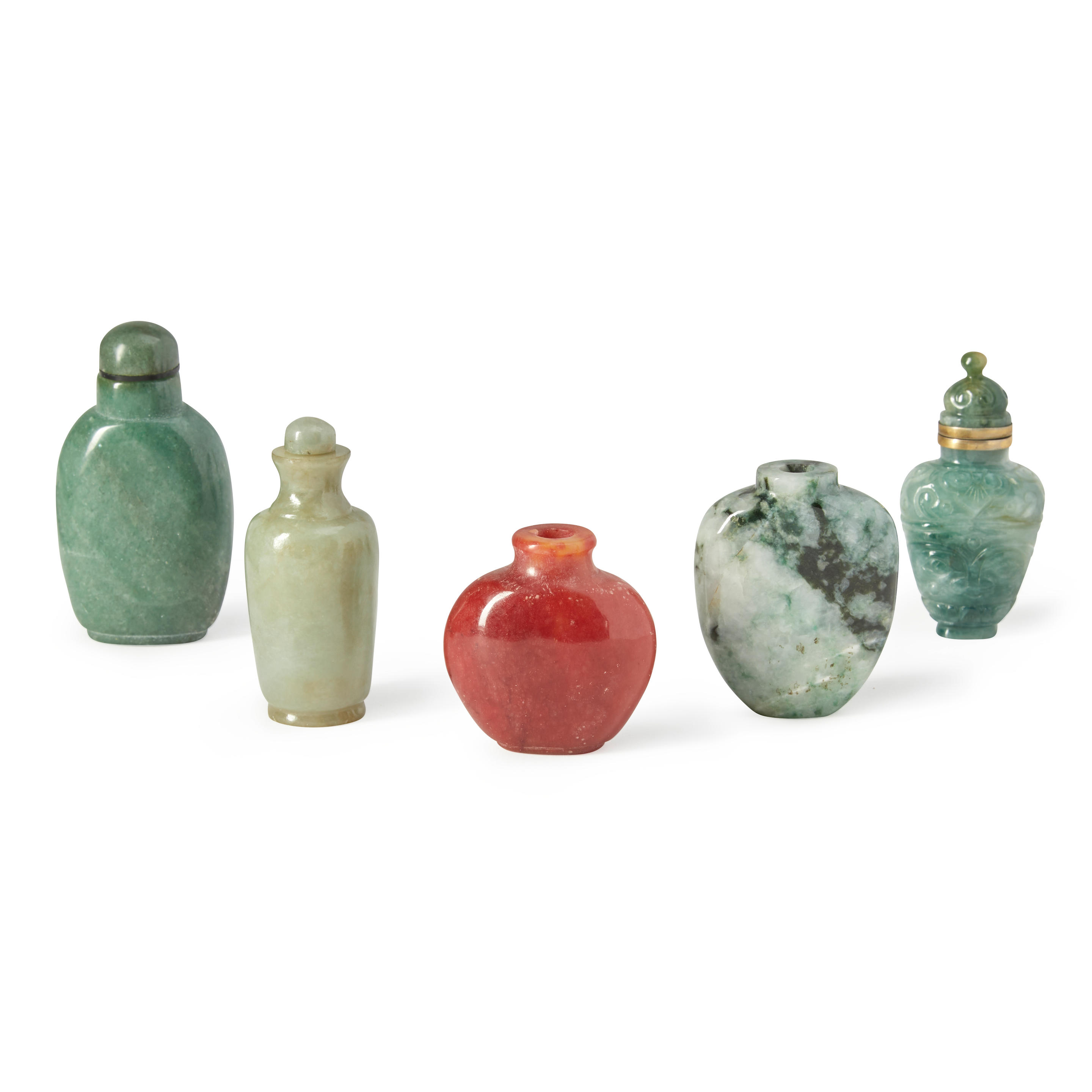 Appraisal: FIVE JADE AND HARDSTONE SNUFF BOTTLES China th th century