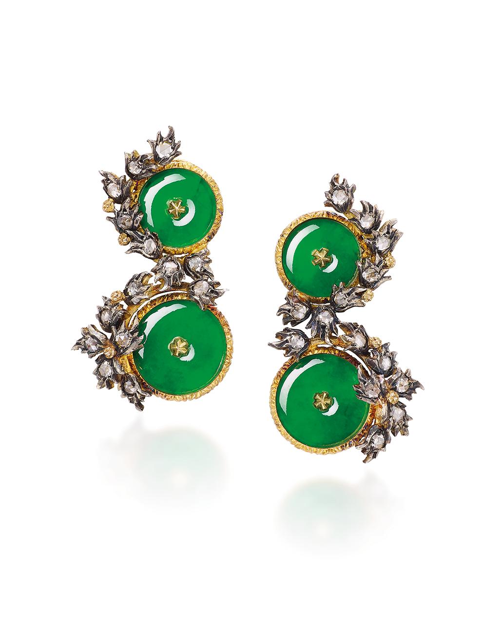 Appraisal: PAIR OF JADEITE AND DIAMOND 'HUAIGU' EARRINGS Each set with