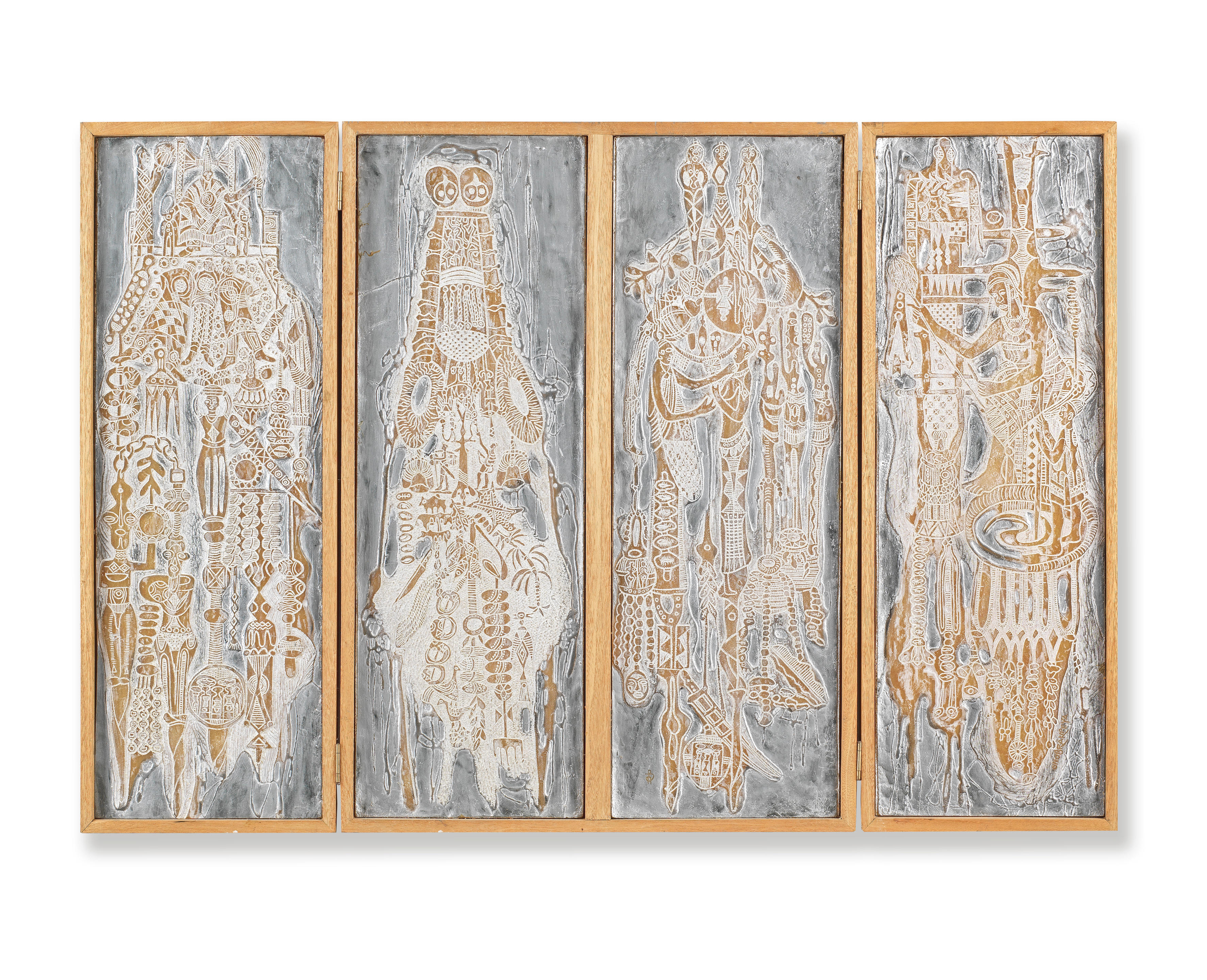 Appraisal: BRUCE ONOBRAKPEYA NIGERIAN BORN Four-fold screen with four Plastocast reliefs