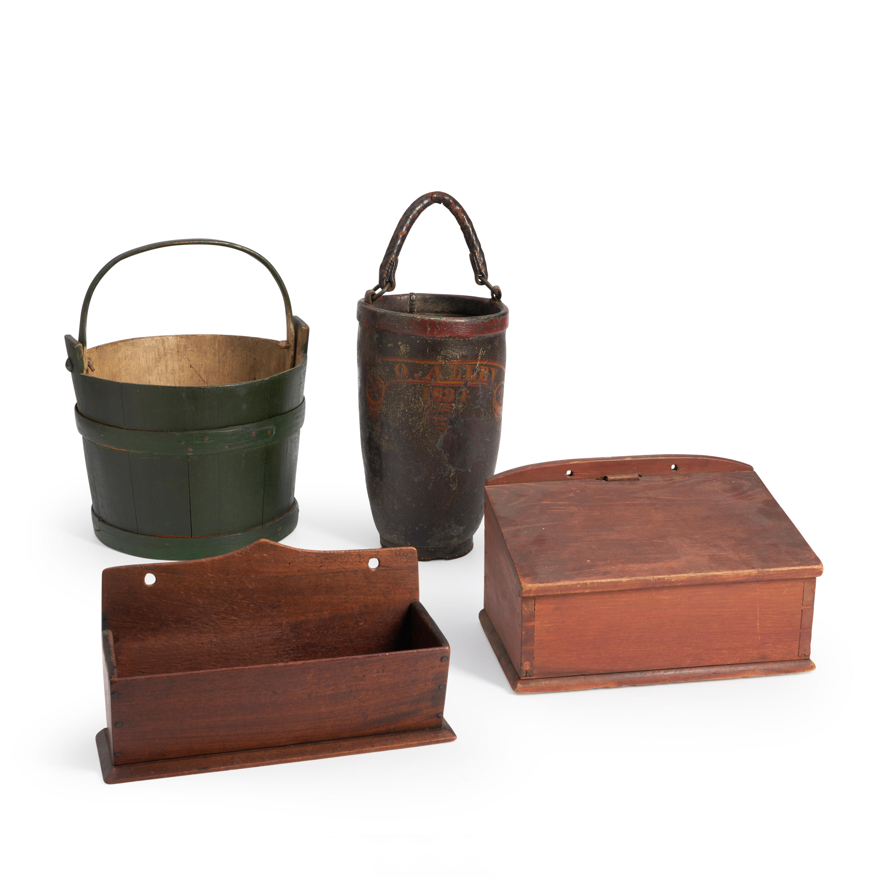 Appraisal: TWO WALL BOXES A COOPERED PAIL AND LEATHER FIRE BUCKET