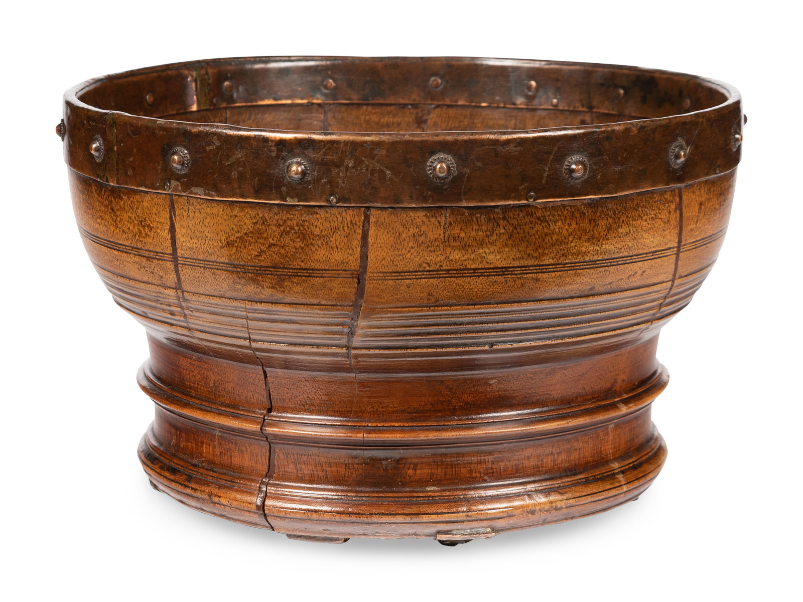 Appraisal: A Scottish Turned Walnut and Studded Copper-Rimmed Wassail Bowl Late