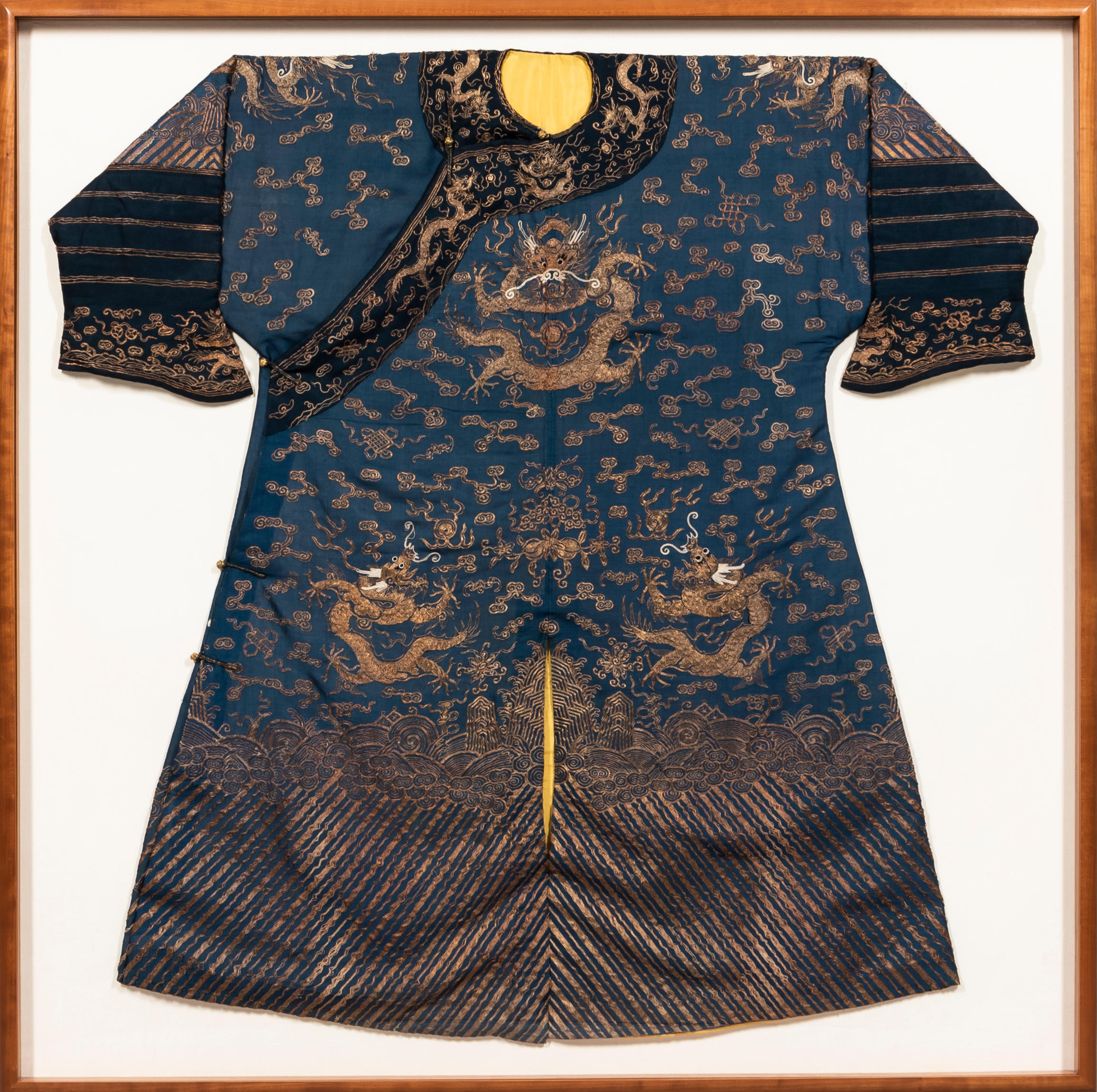 Appraisal: BLUE-GROUND SILK DRAGON ROBE JIFU China th century embroidered with