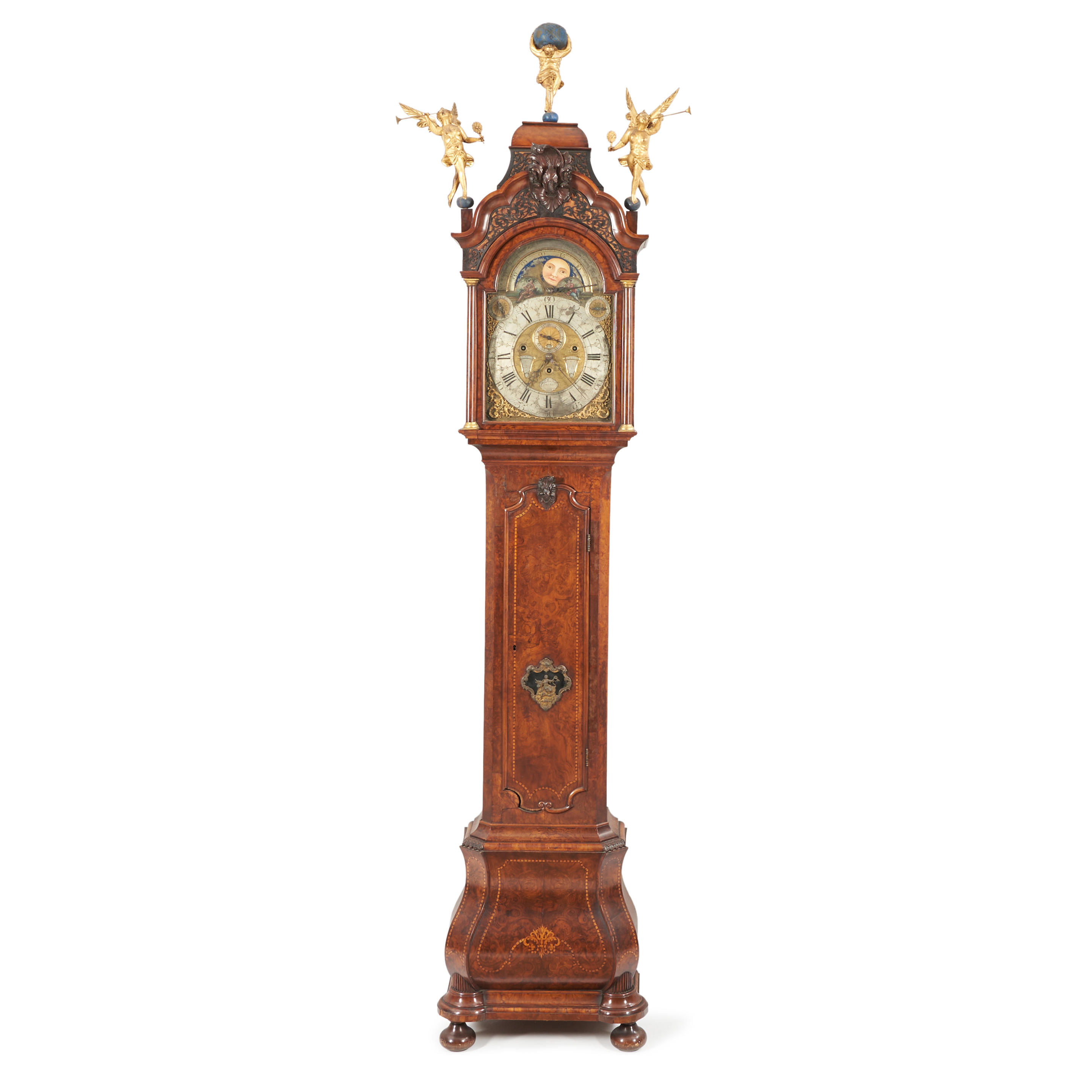 Appraisal: DUTCH BURL WALNUT AND INLAID EIGHT-DAY MUSICAL LONGCASE CLOCK Jan