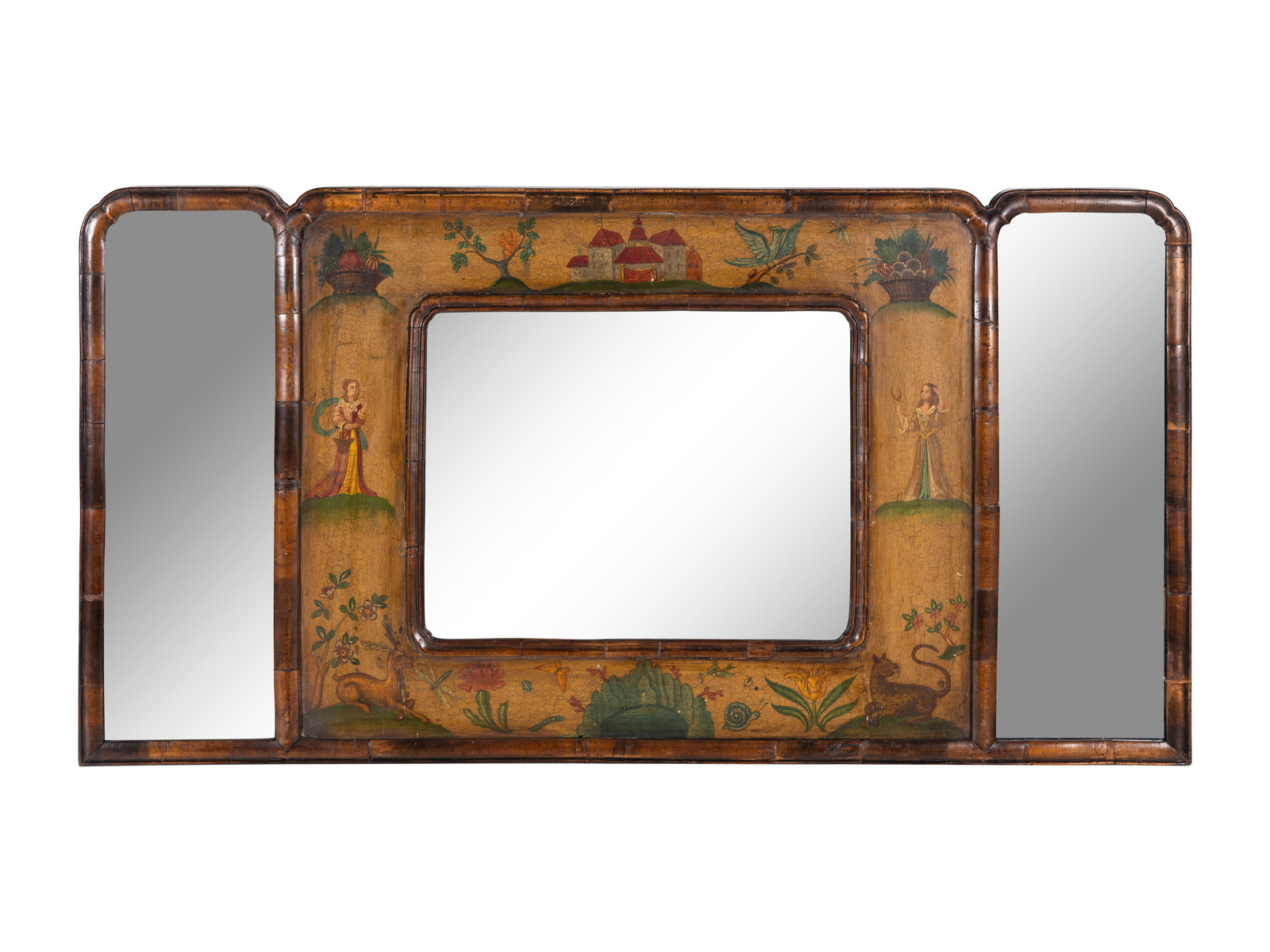 Appraisal: An English Painted Panel Inset Walnut Overmantel Mirror th th