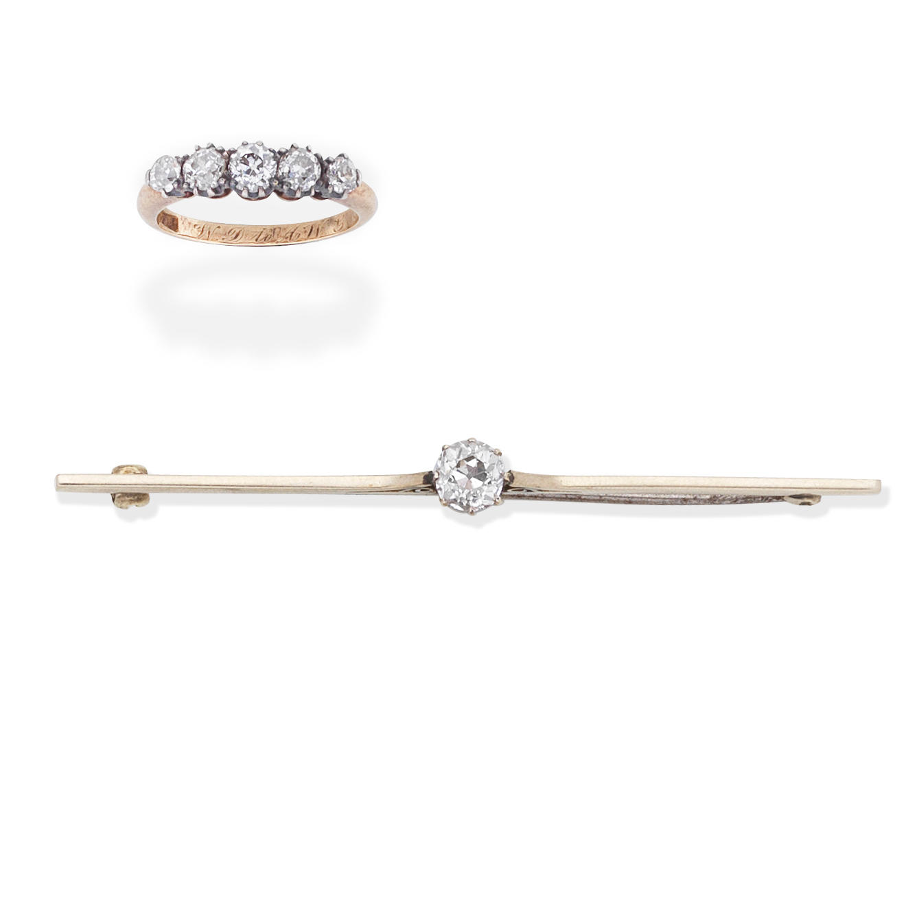 Appraisal: DIAMOND FIVE-STONE RING DIAMOND-SET BAR BROOCH st The ring set