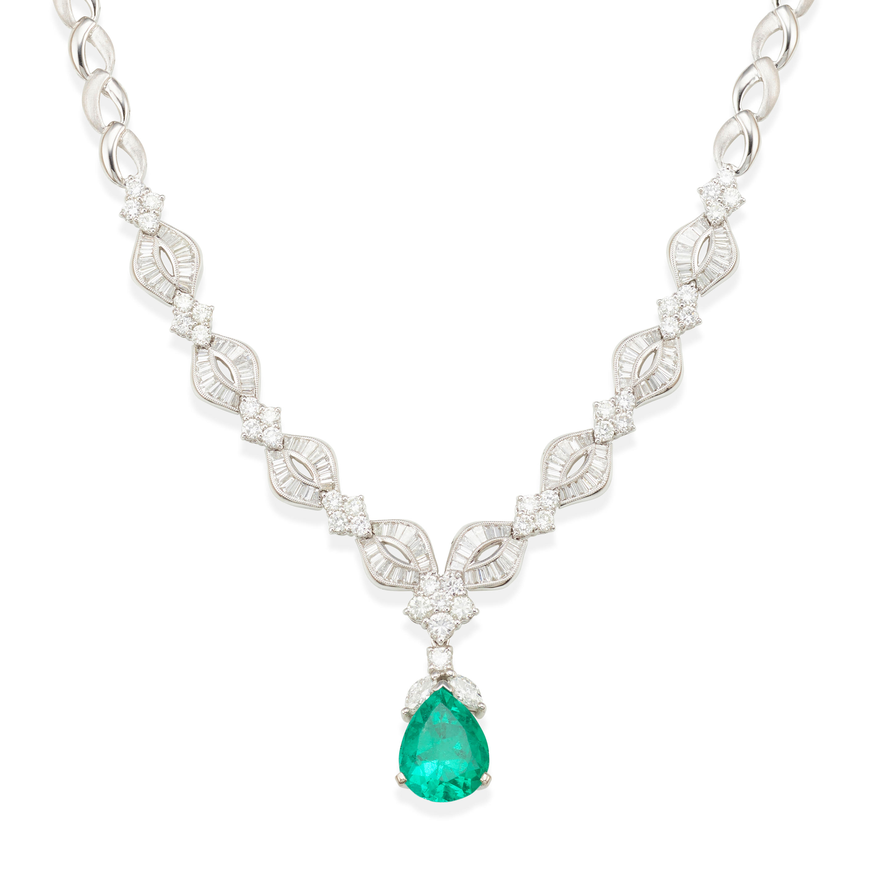 Appraisal: AN K WHITE GOLD EMERALD AND DIAMOND NECKLACE Centering a