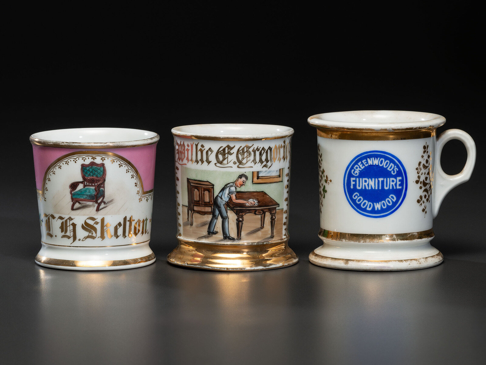 Appraisal: Three Furniture Maker's Occupational Shaving Mugs Late th th Century