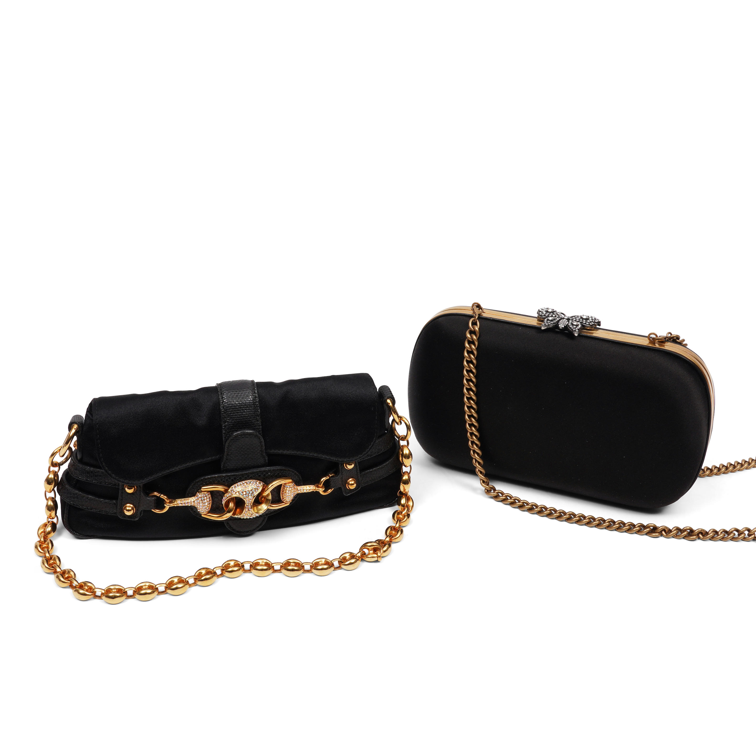 Appraisal: TWO GUCCI BLACK SATIN EVENING BAGS A hardcase clutch with