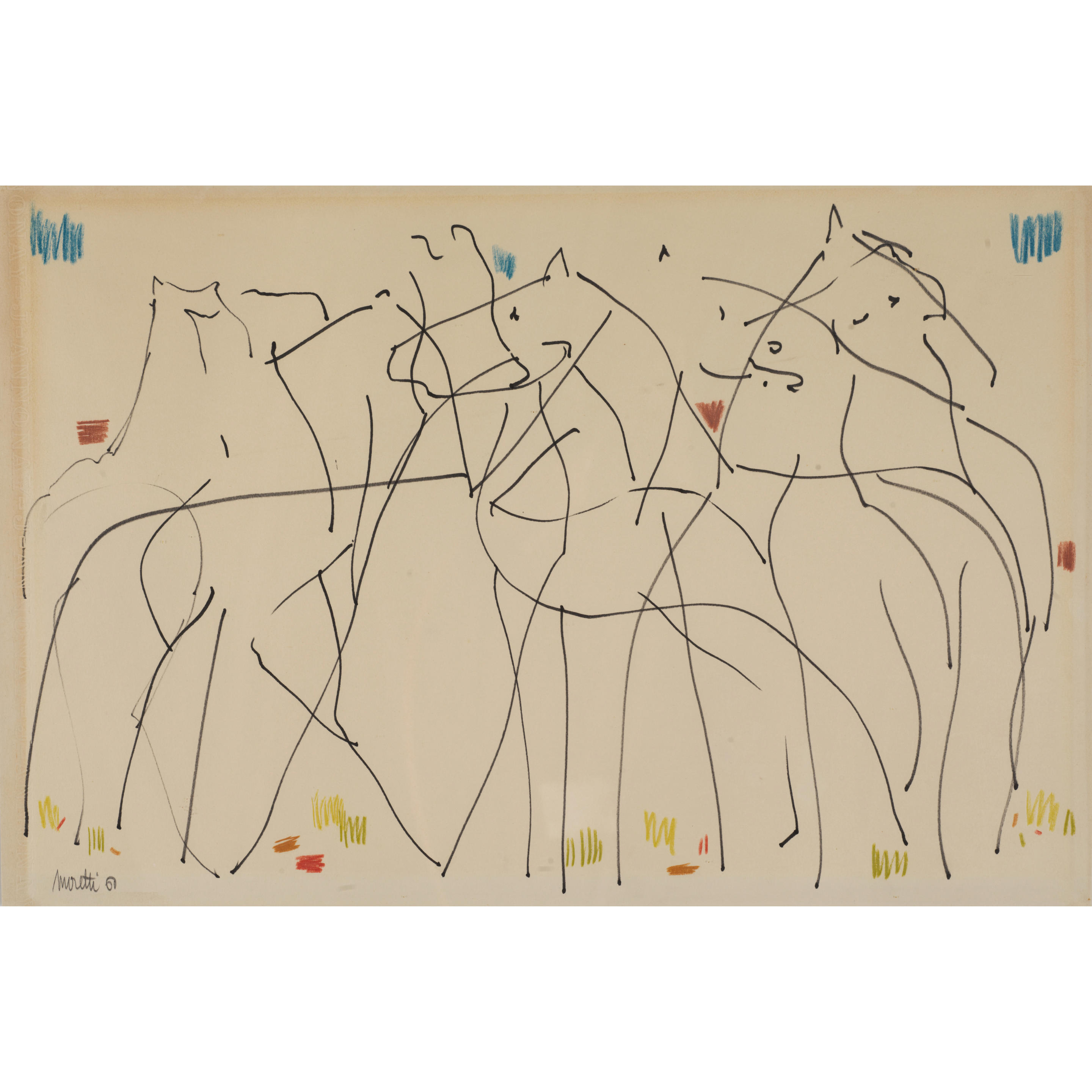 Appraisal: RAYMOND MORETTI - Chevaux Feutre noir et pastel sur papier