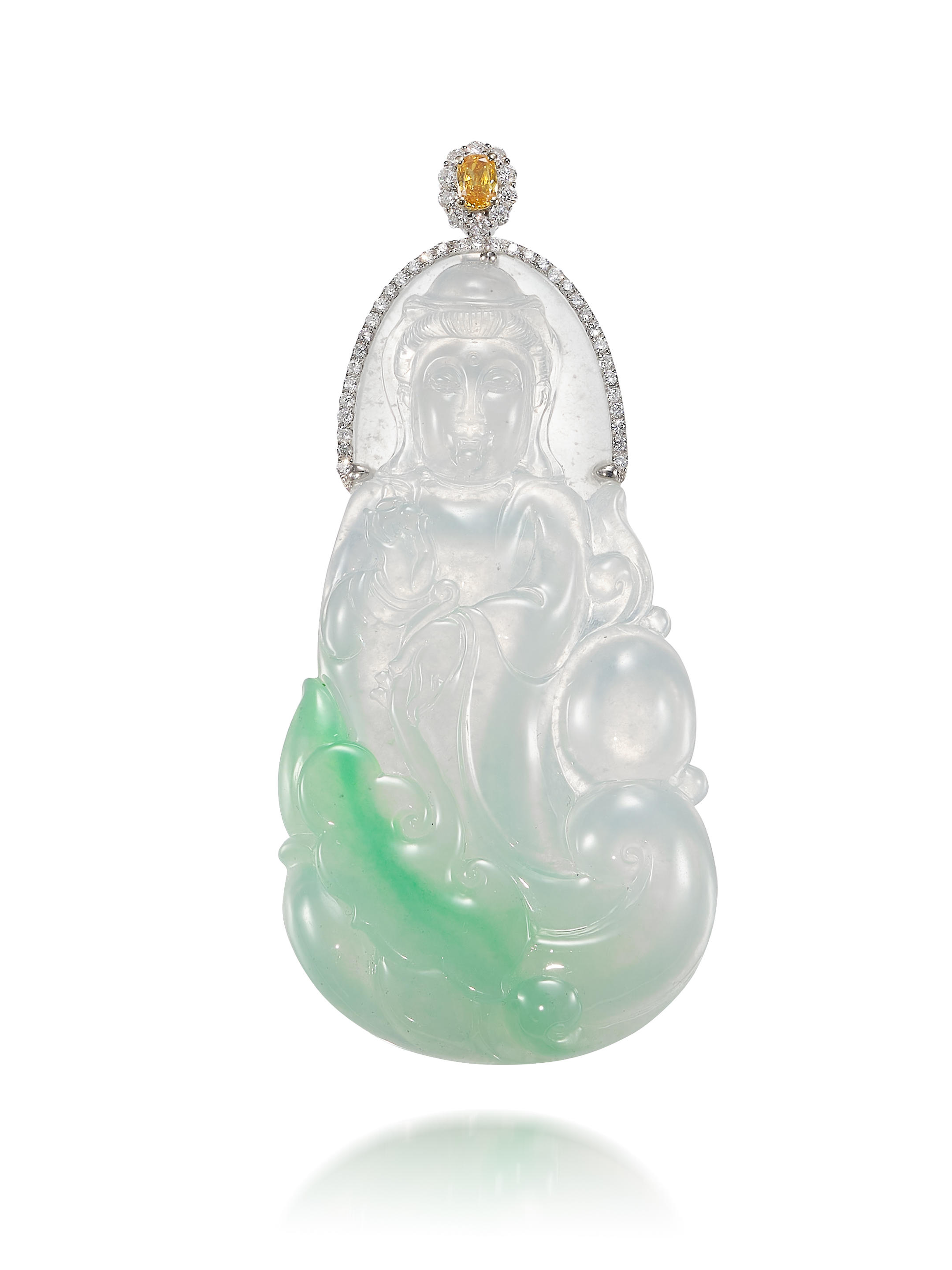 Appraisal: BI-COLOURED JADEITE COLOURED DIAMOND AND DIAMOND 'GUANYIN' PENDANT The highly