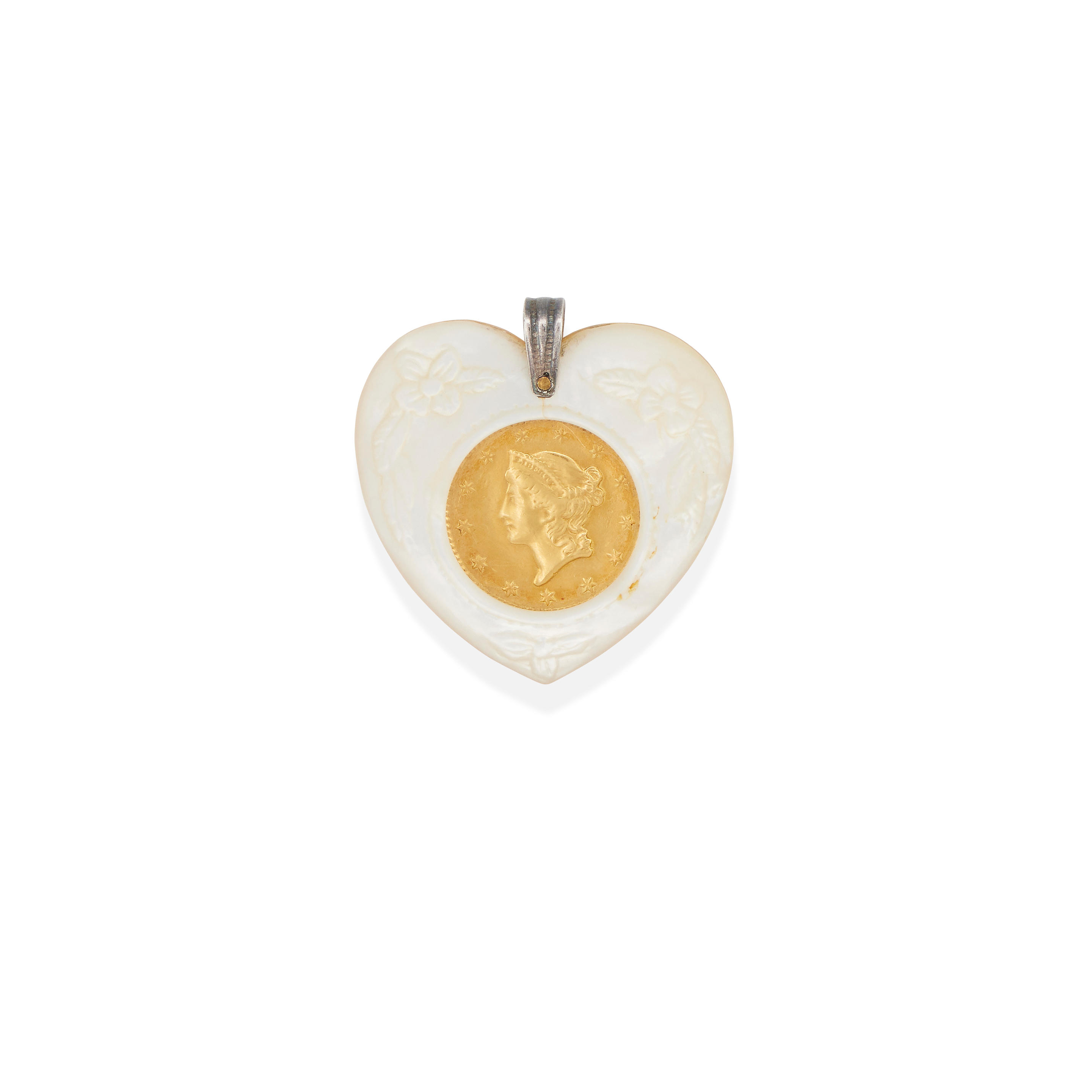 Appraisal: A SILVER MOTHER-OF-PEARL AND GOLD COIN PENDANT Silver and k