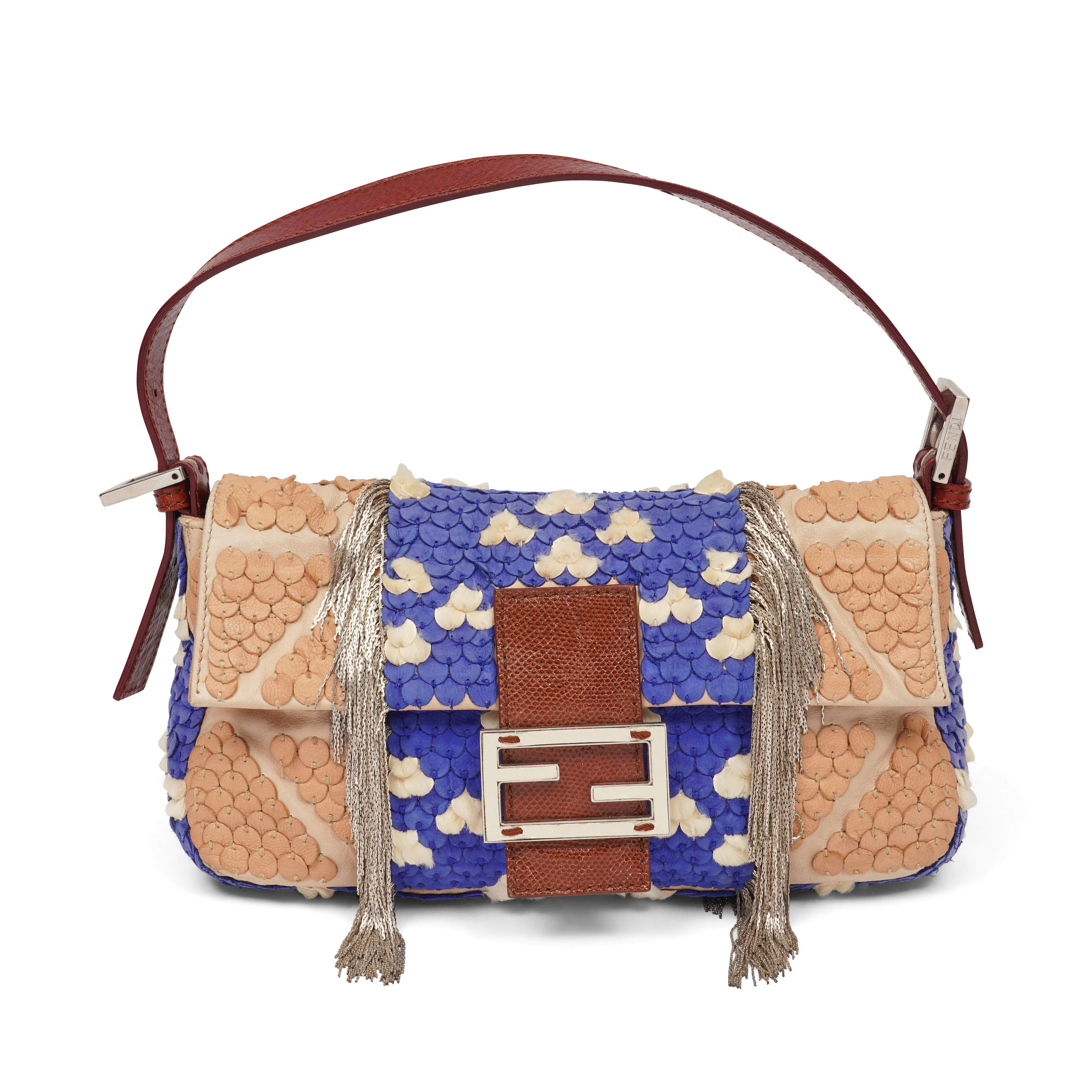 Appraisal: FENDI BLUE SUEDE LEATHER AND METAL FRINGE HANDBAG The bag