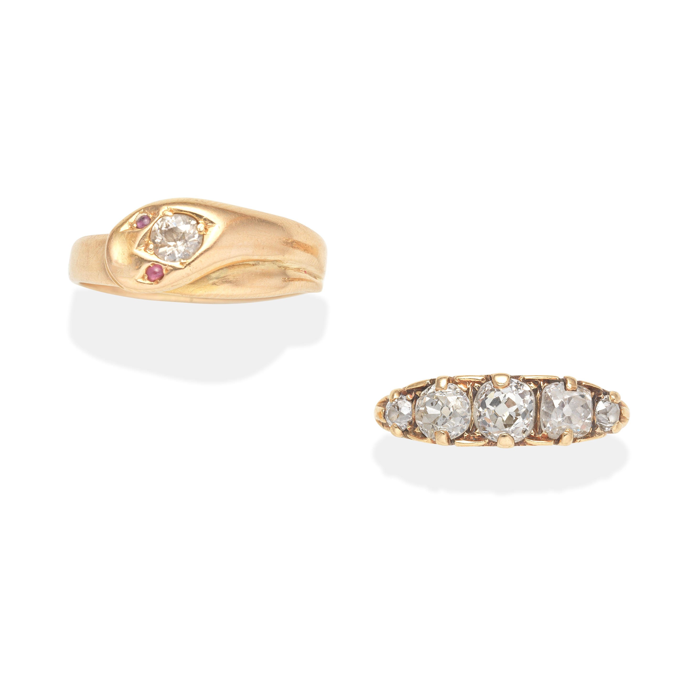 Appraisal: TWO DIAMOND-SET RINGS st Diamond-set snake ring Cushion-shaped diamond Pink