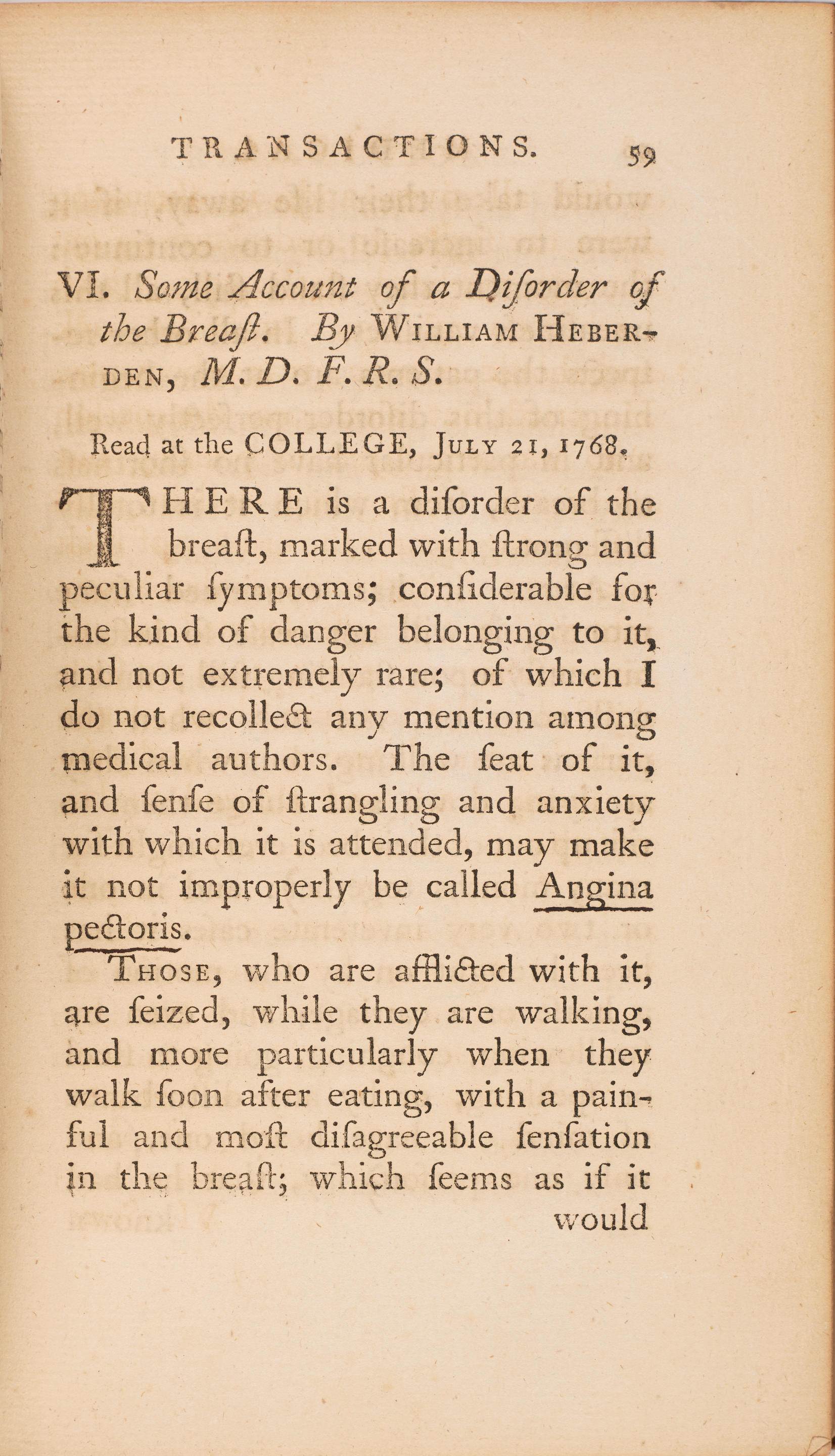 Appraisal: HEBERDEN WILLIAM - Some Account of a Disorder of the