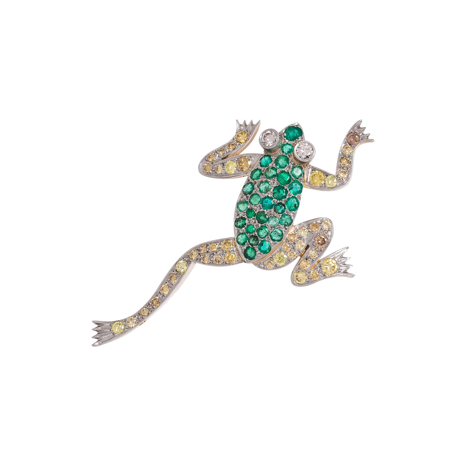 Appraisal: DIAMOND COLORED DIAMOND AND EMERALD FROG BROOCH Containing round mixed