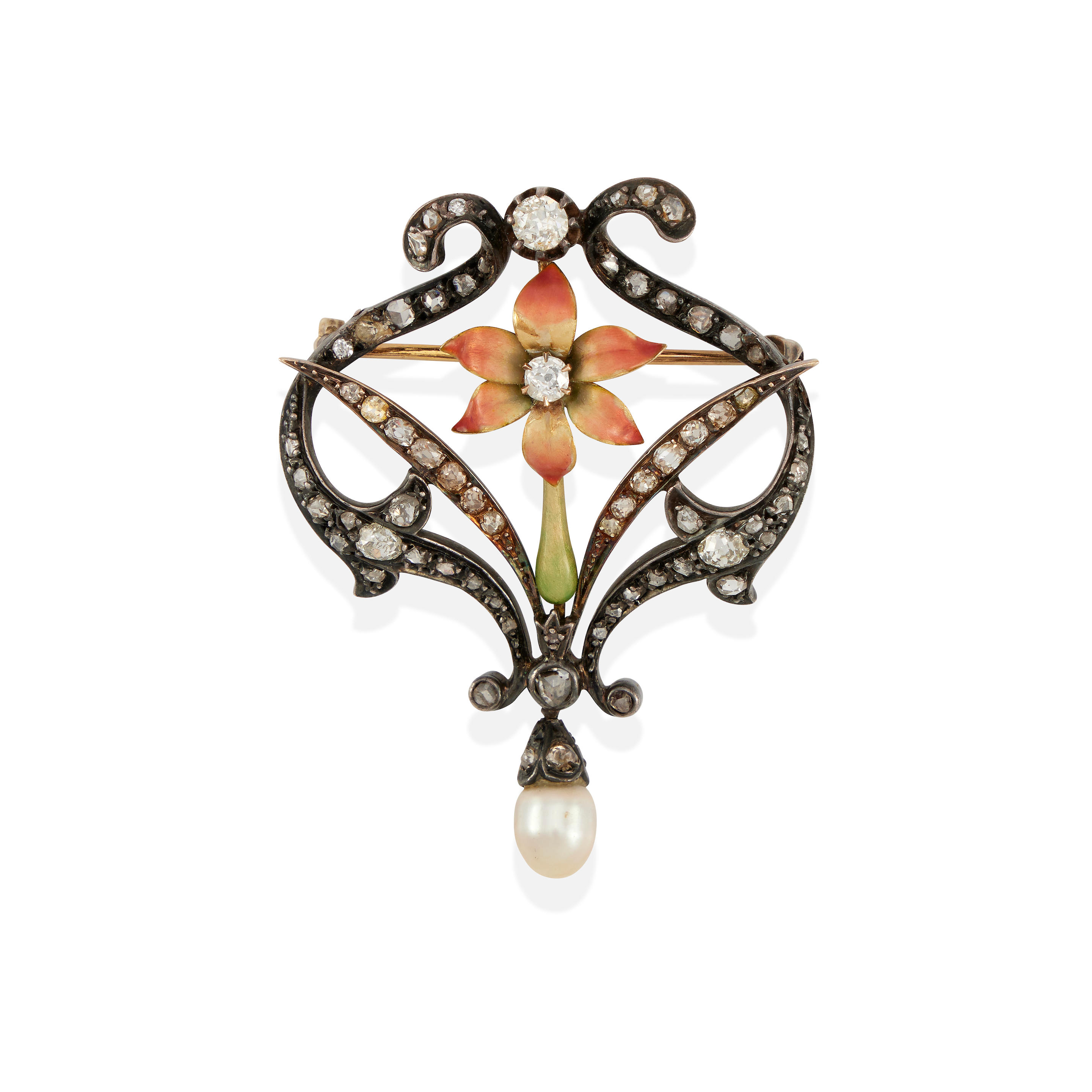 Appraisal: A SILVER K GOLD ENAMEL CULTURED PEARL AND DIAMOND BROOCH