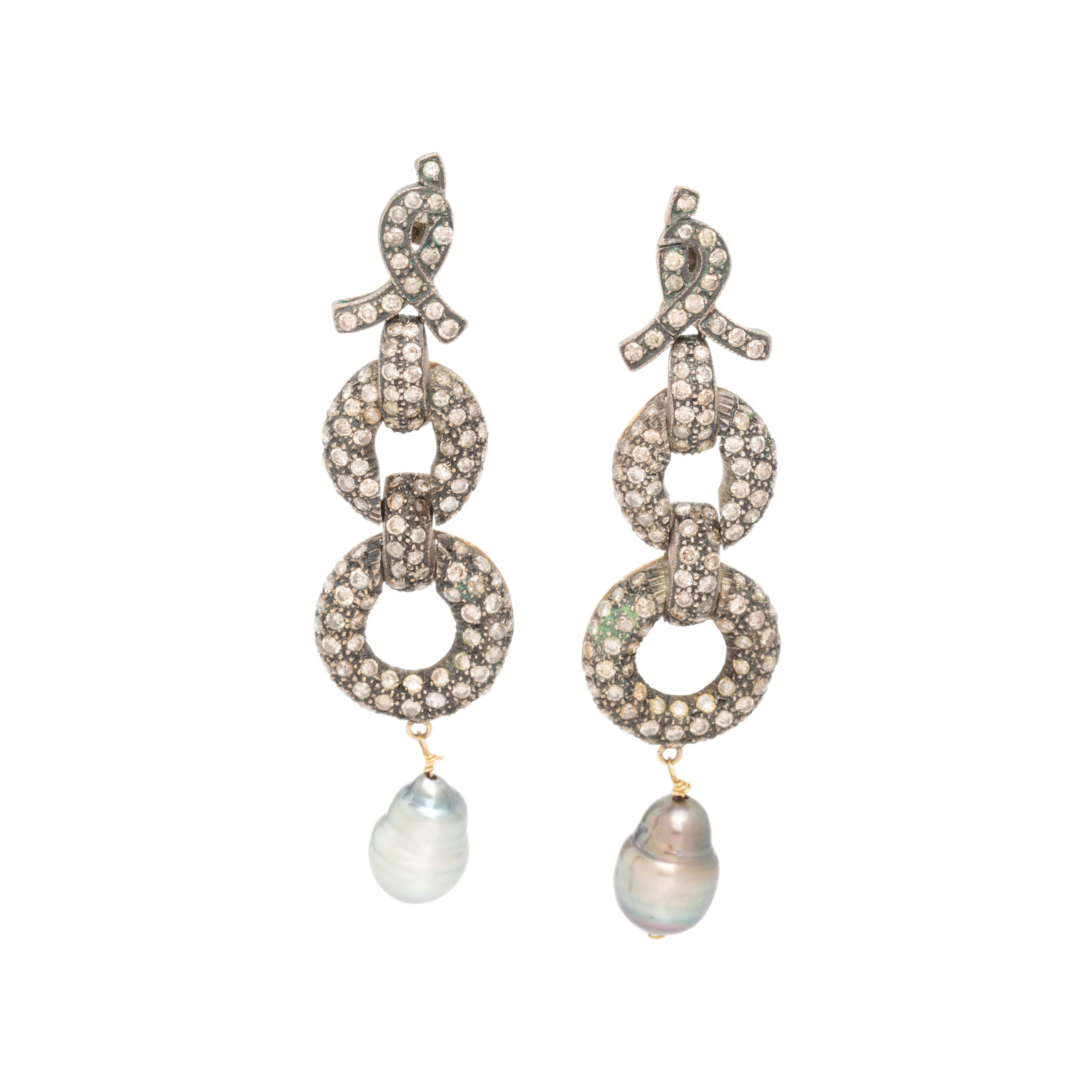 Appraisal: COLORED DIAMOND AND CULTURED TAHITIAN PEARL EARRINGS Containing numerous brown