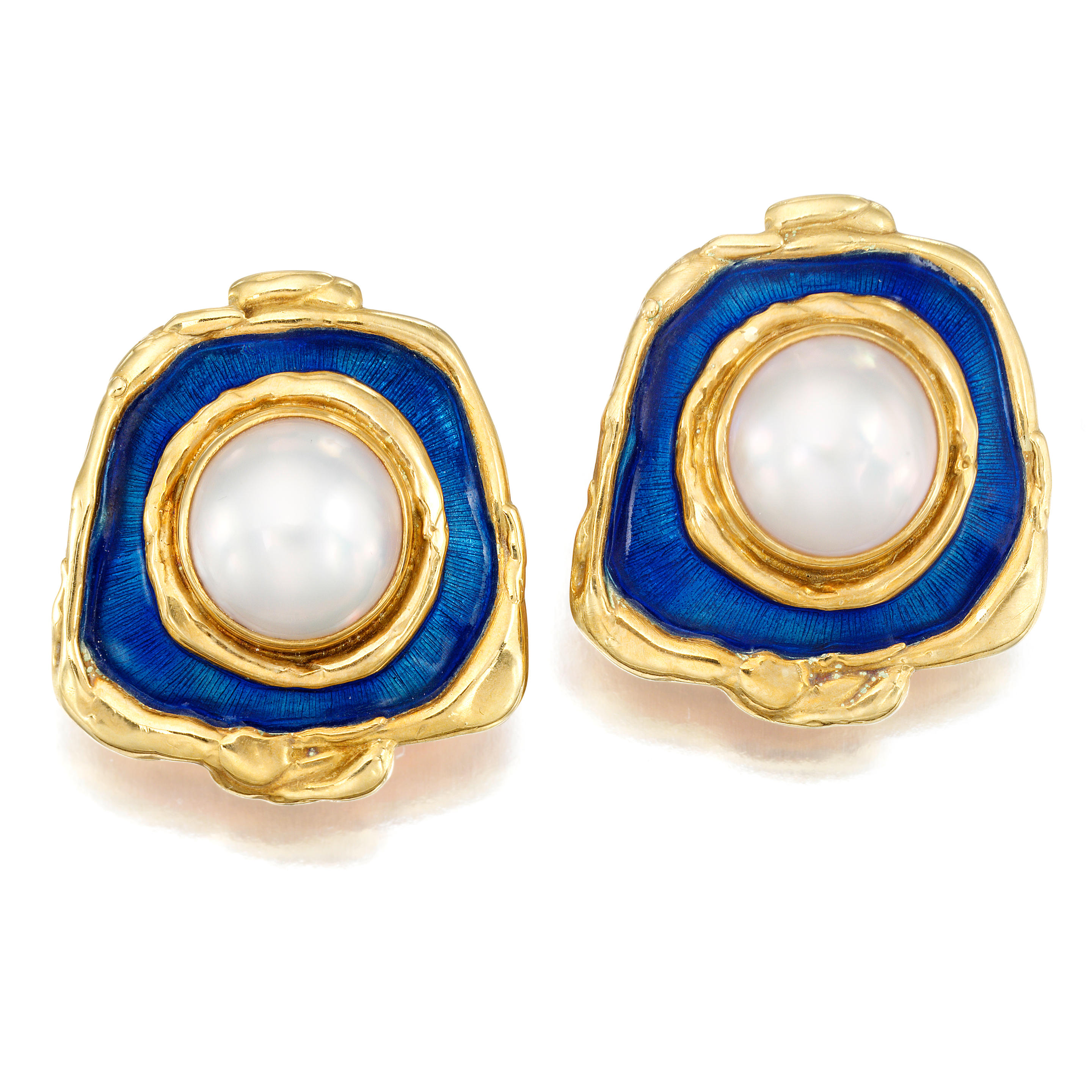 Appraisal: ELIZABETH GAGE A PAIR OF GUILLOCH AND CULTURED MAB PEARL