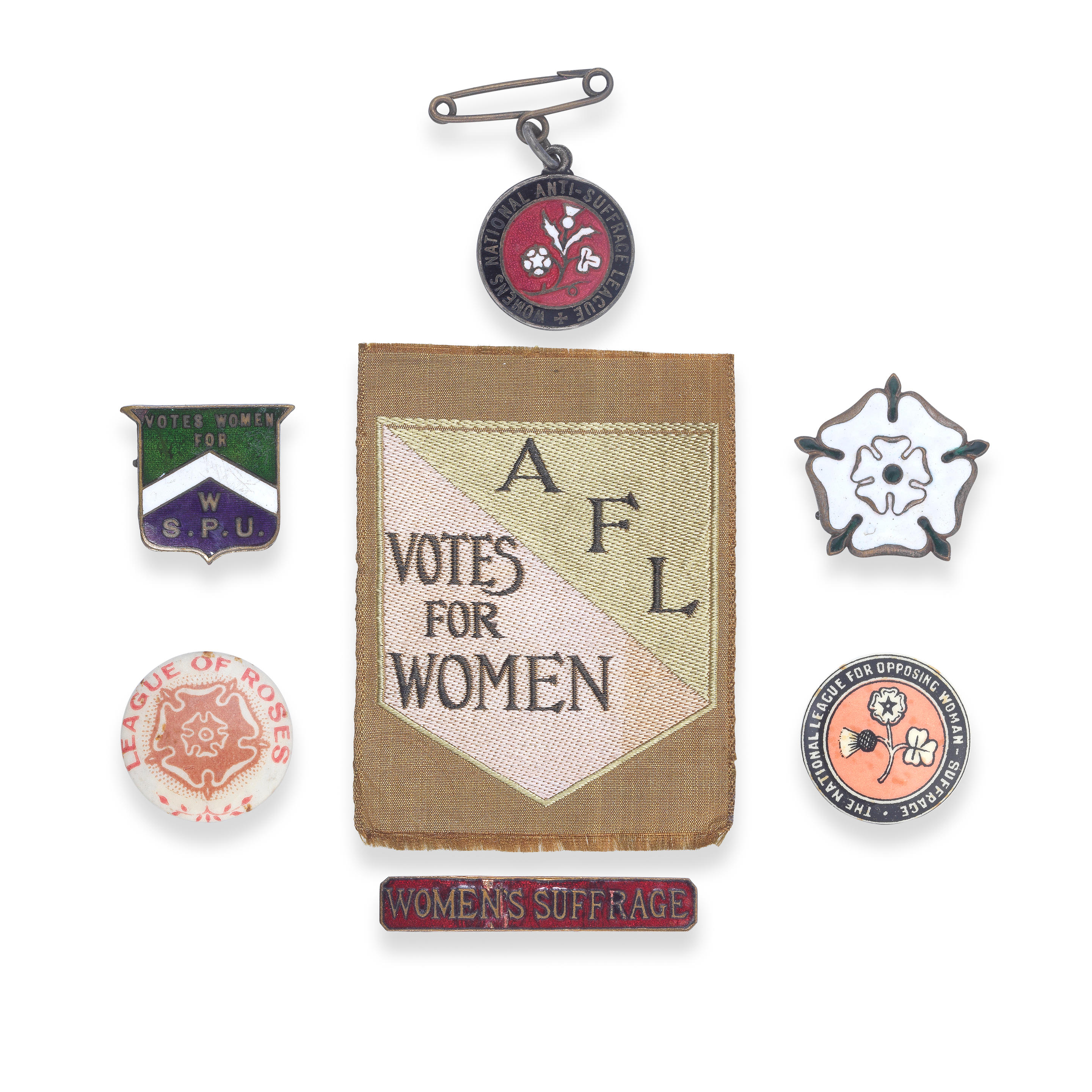 Appraisal: SUFFRAGE BADGES Collection of seven pro- and anti-suffrage badges comprising