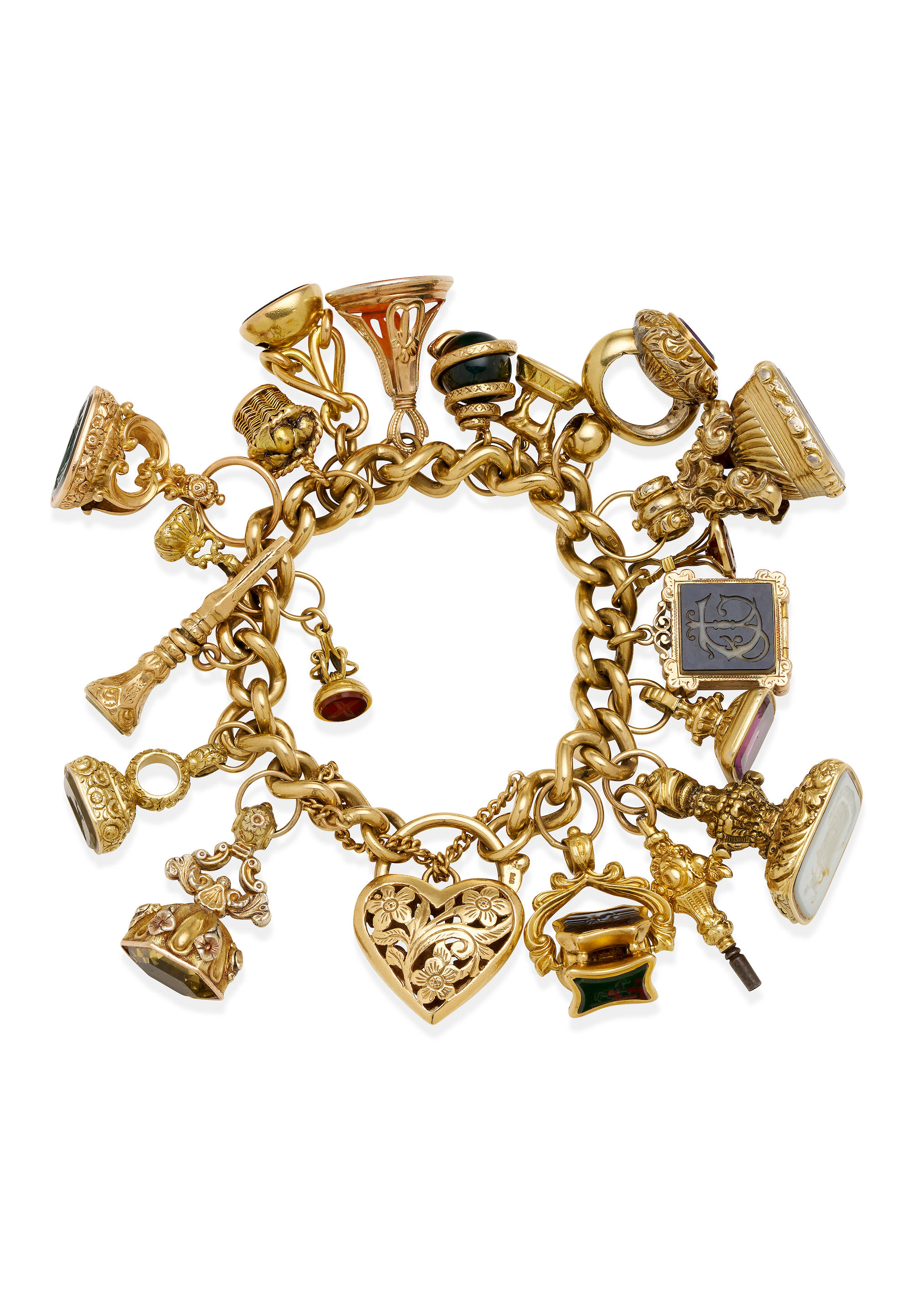 Appraisal: GEM-SET CHARM BRACELET The curb link bracelet suspending hardstone and