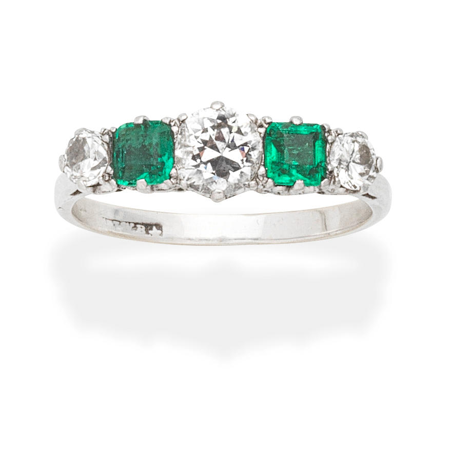 Appraisal: EMERALD AND DIAMOND RING Step-cut emeralds Old brilliant-cut diamonds principal