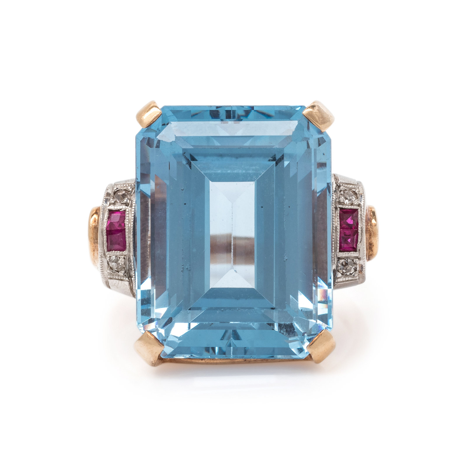 Appraisal: RETRO SYNTHETIC SPINEL AND DIAMOND RING Containing one emerald cut