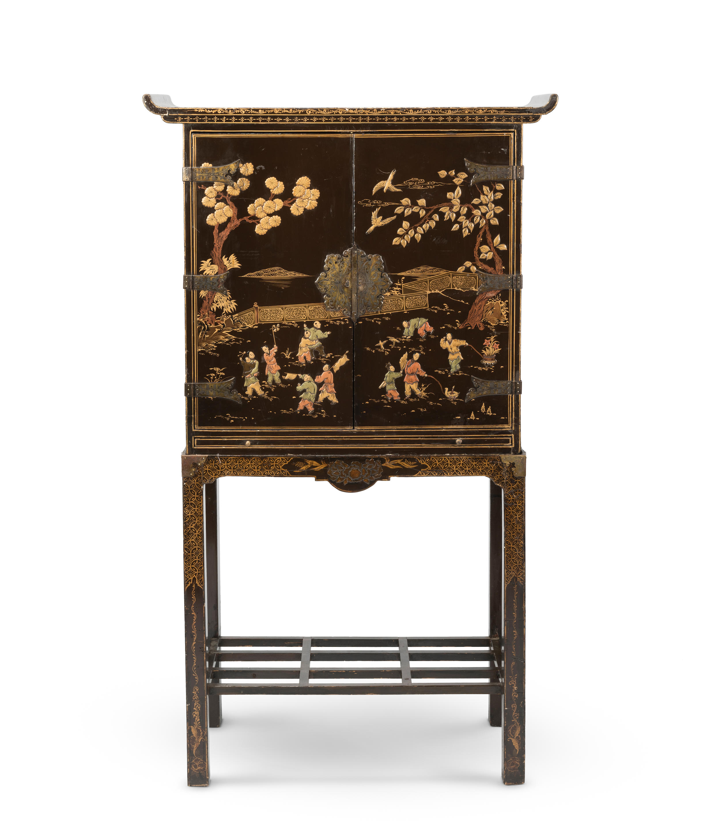 Appraisal: A TH CENTURY BROWN AND GILT JAPANNED CABINET-ON-STAND First seen