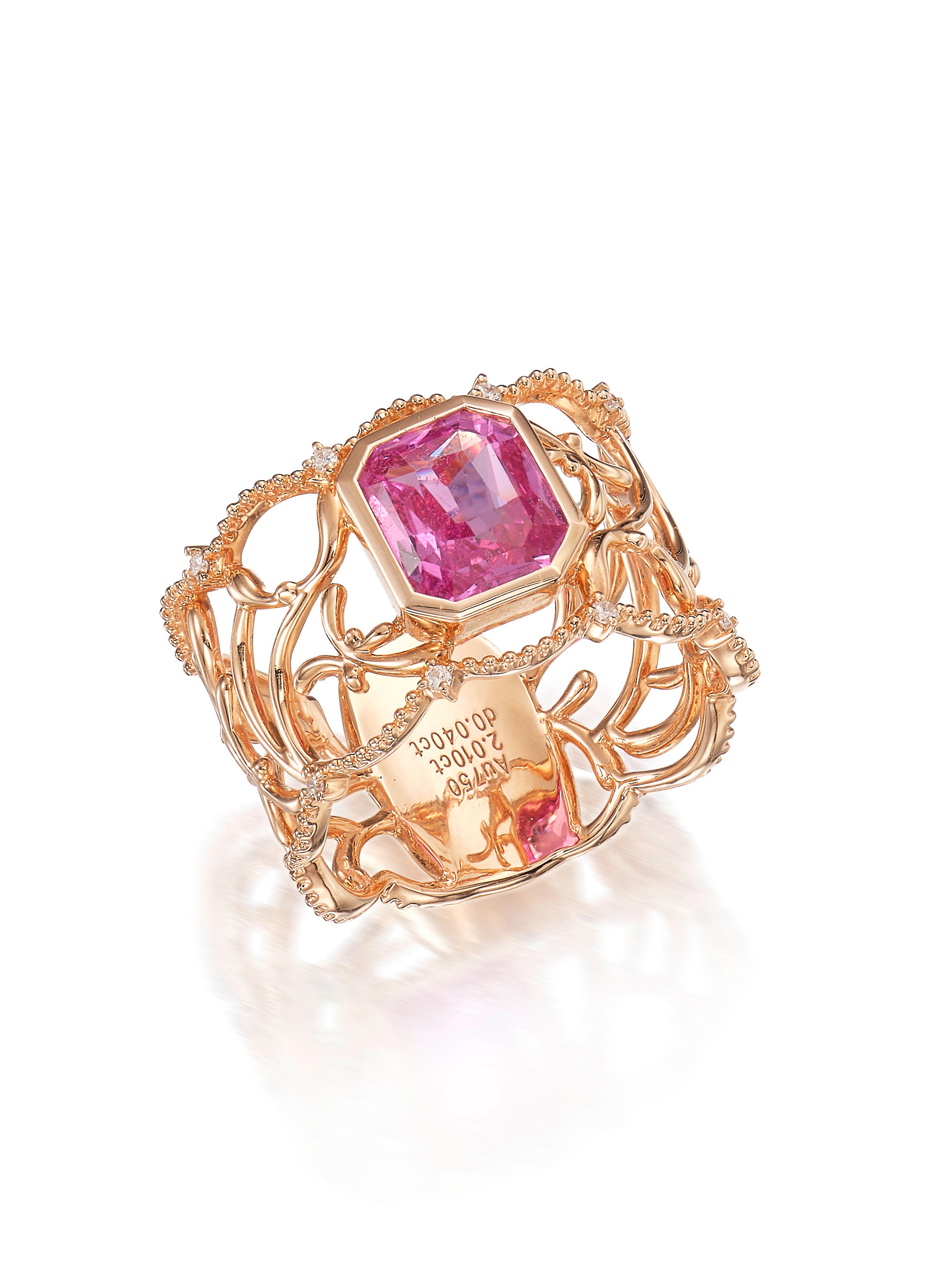 Appraisal: PADPARADSCHA SAPPHIRE AND DIAMOND RING The radiant-cut padparadscha sapphire weighing