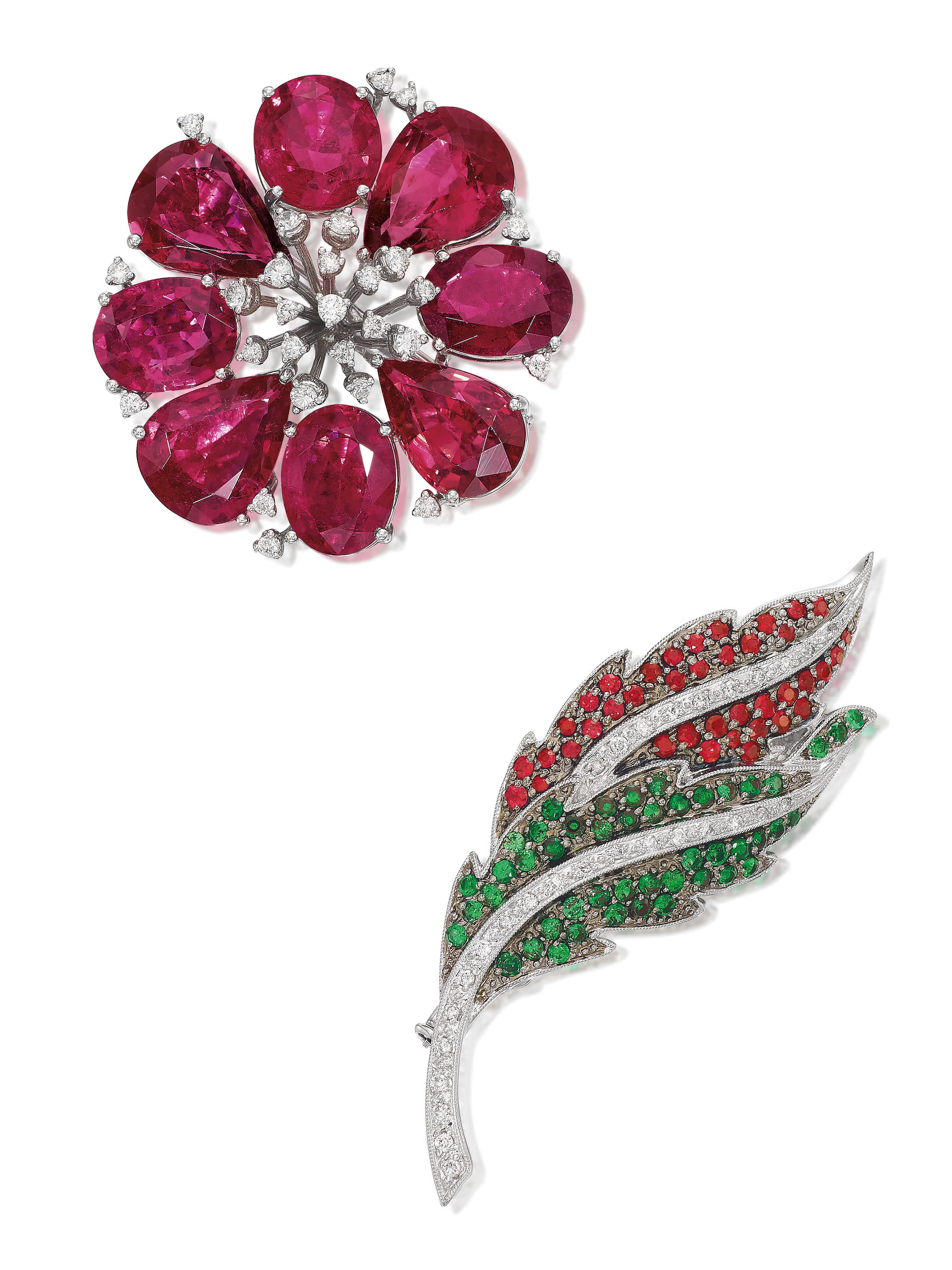 Appraisal: RUBELLITE TOURMALINE GEM-SET AND DIAMOND FLORAL BROOCHES st the flowerhead