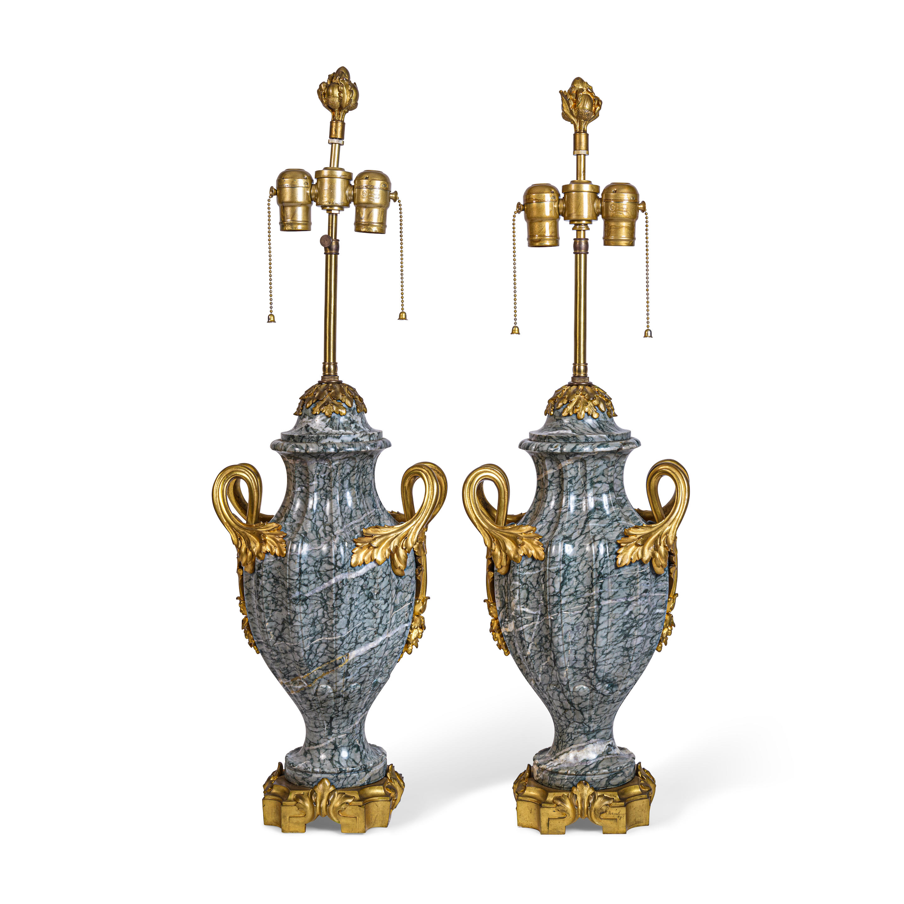 Appraisal: A PAIR OF FRENCH GILT BRONZE MOUNTED MARBLE URNS by