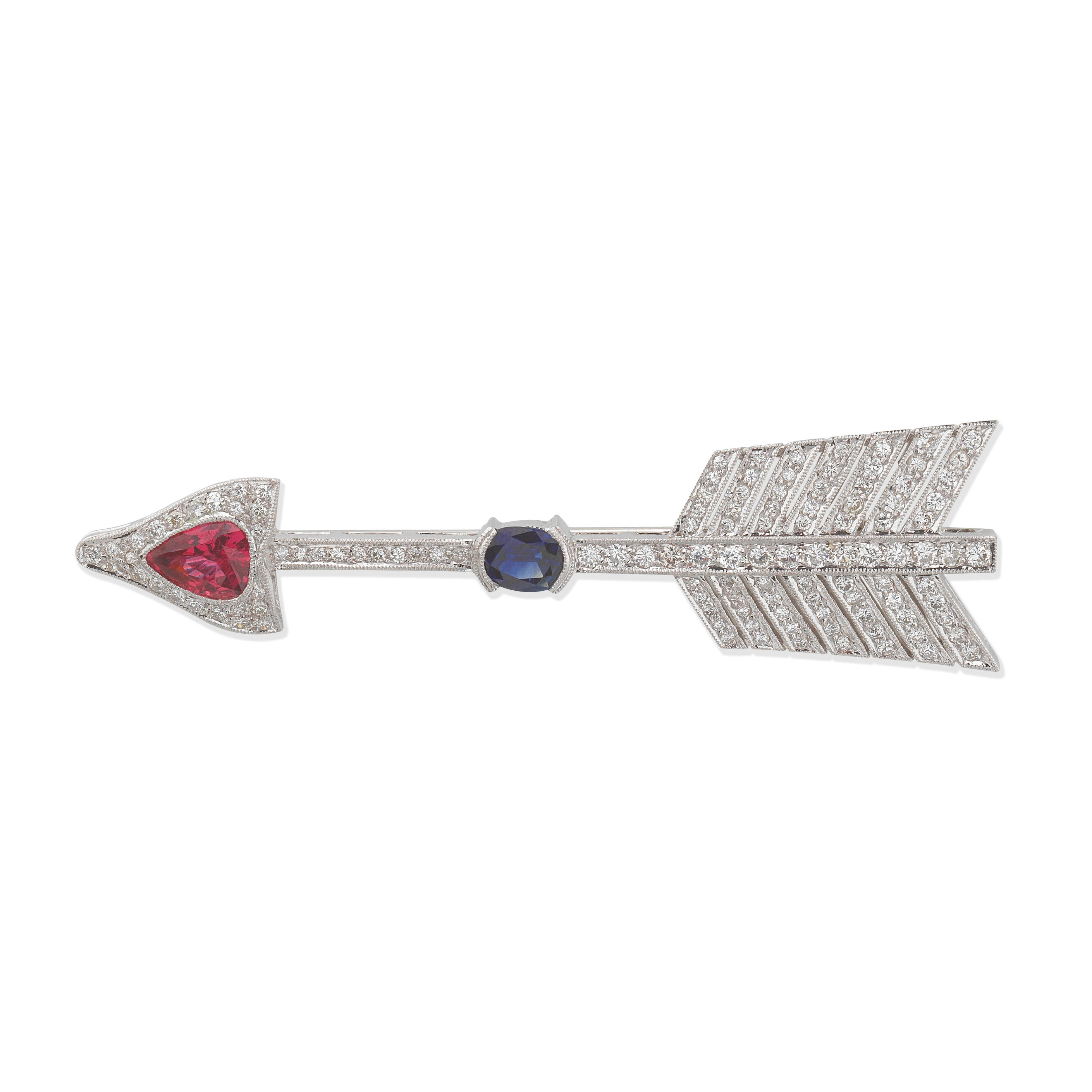 Appraisal: RUBY SAPPHIRE AND DIAMOND ARROW BROOCH Set with a pear-shaped