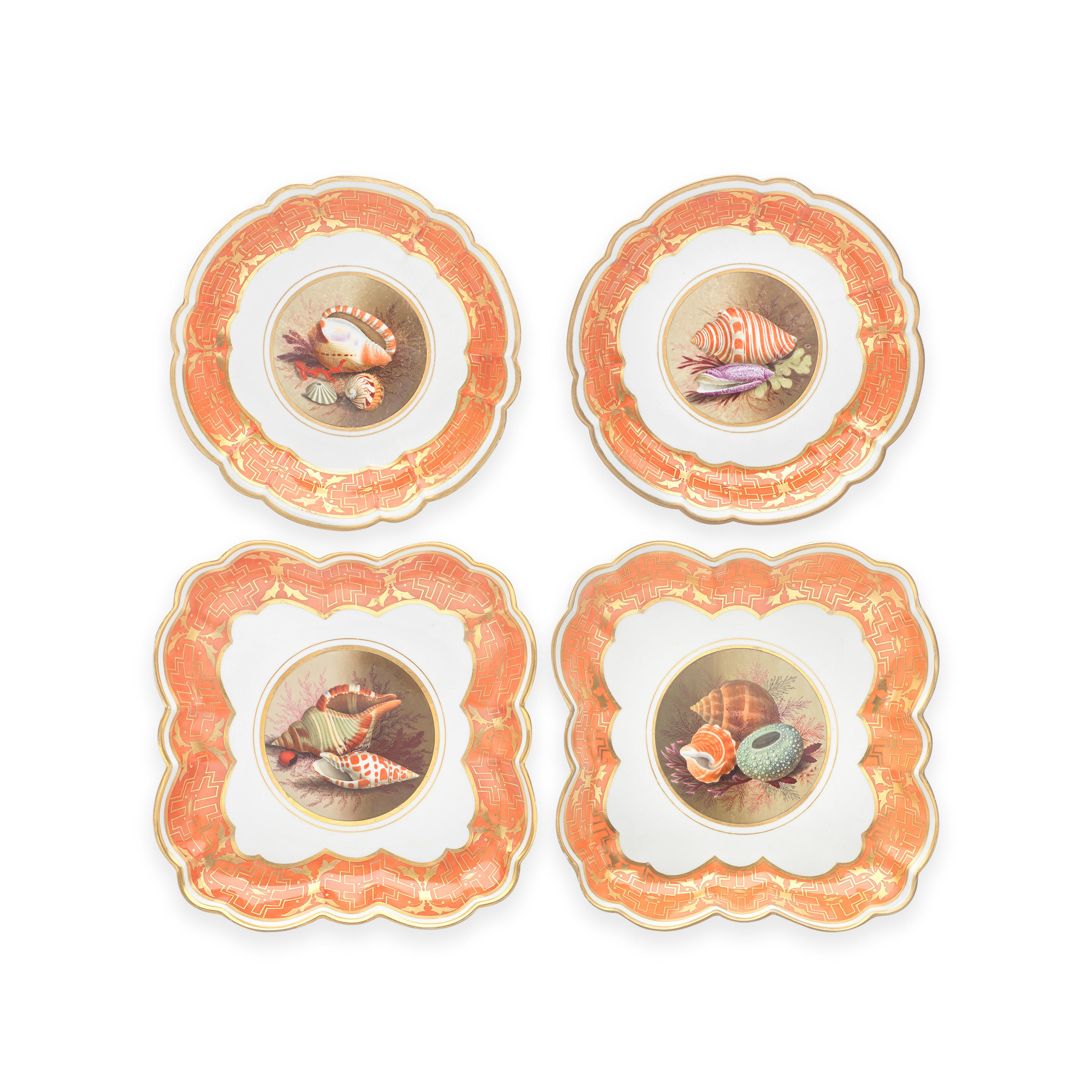 Appraisal: FOUR BARR FLIGHT AND BARR WORCESTER SHELL-PAINTED DISHES CIRCA -