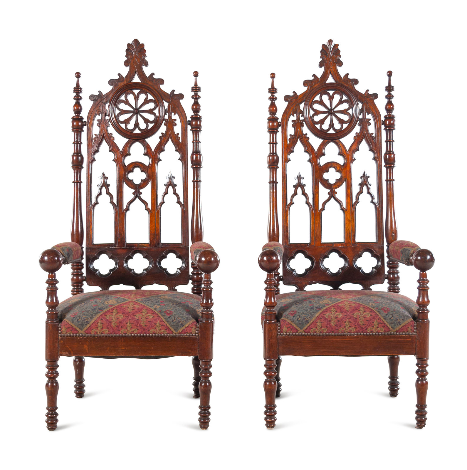 Appraisal: A Pair of Gothic Revival Carved Walnut Armchairs Late th