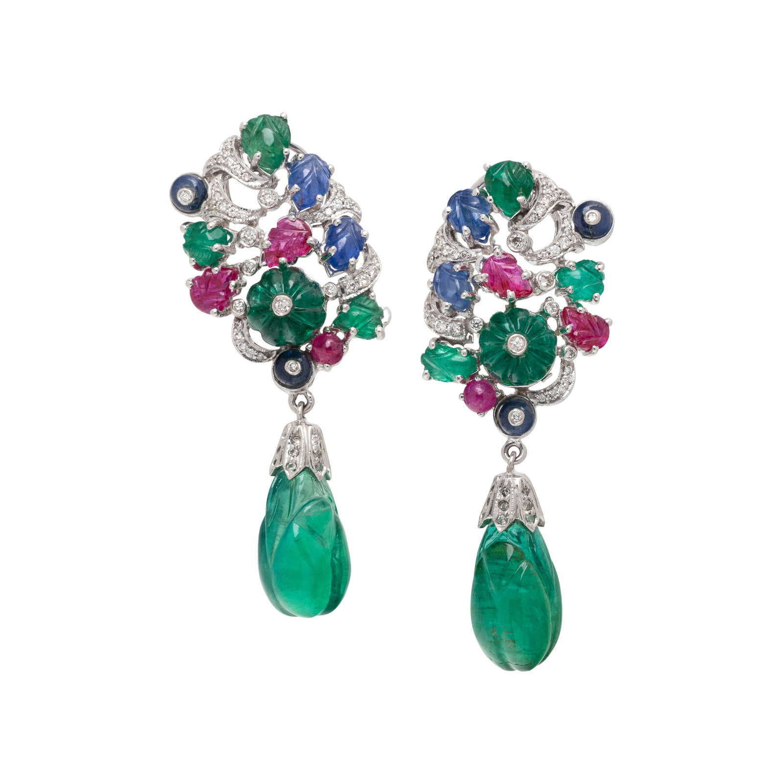 Appraisal: CARVED MULTIGEM AND DIAMOND EARCLIPS In a Tutti Frutti style