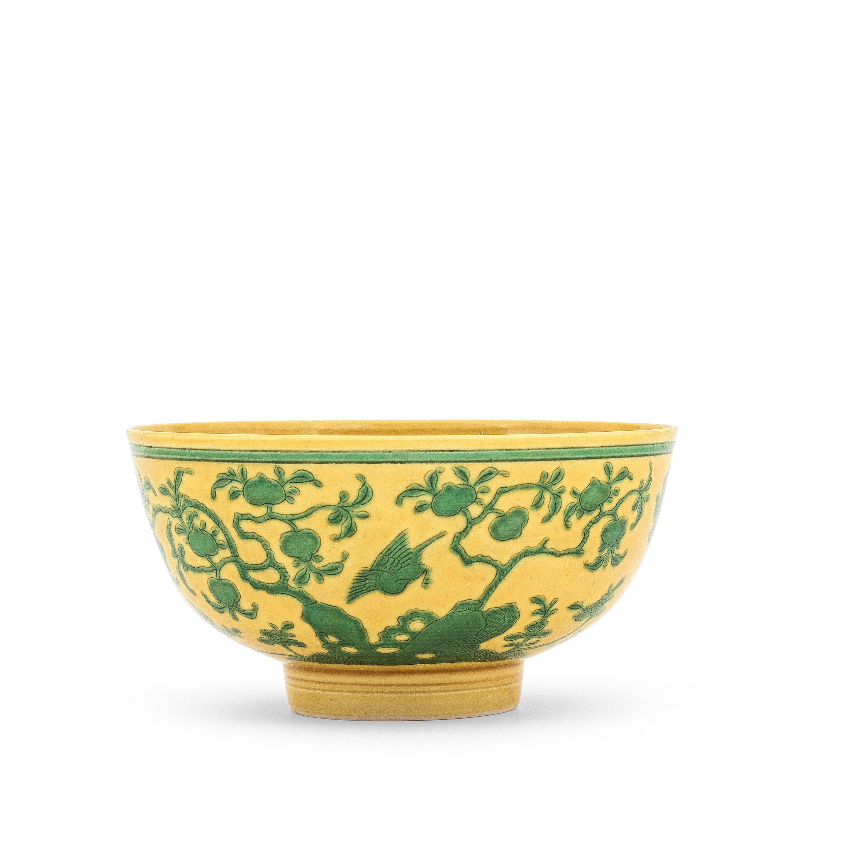 Appraisal: A RARE YELLOW-GROUND GREEN ENAMELLED 'MAGPIES AND PEACHES' BOWL Yongzheng